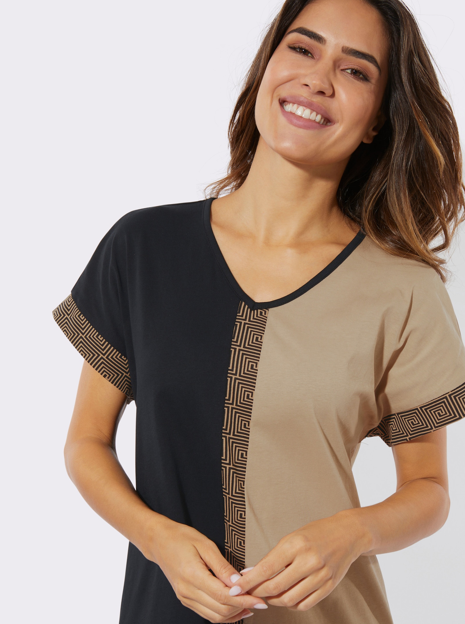 Nachthemd met grafische strepen - zwart/beige