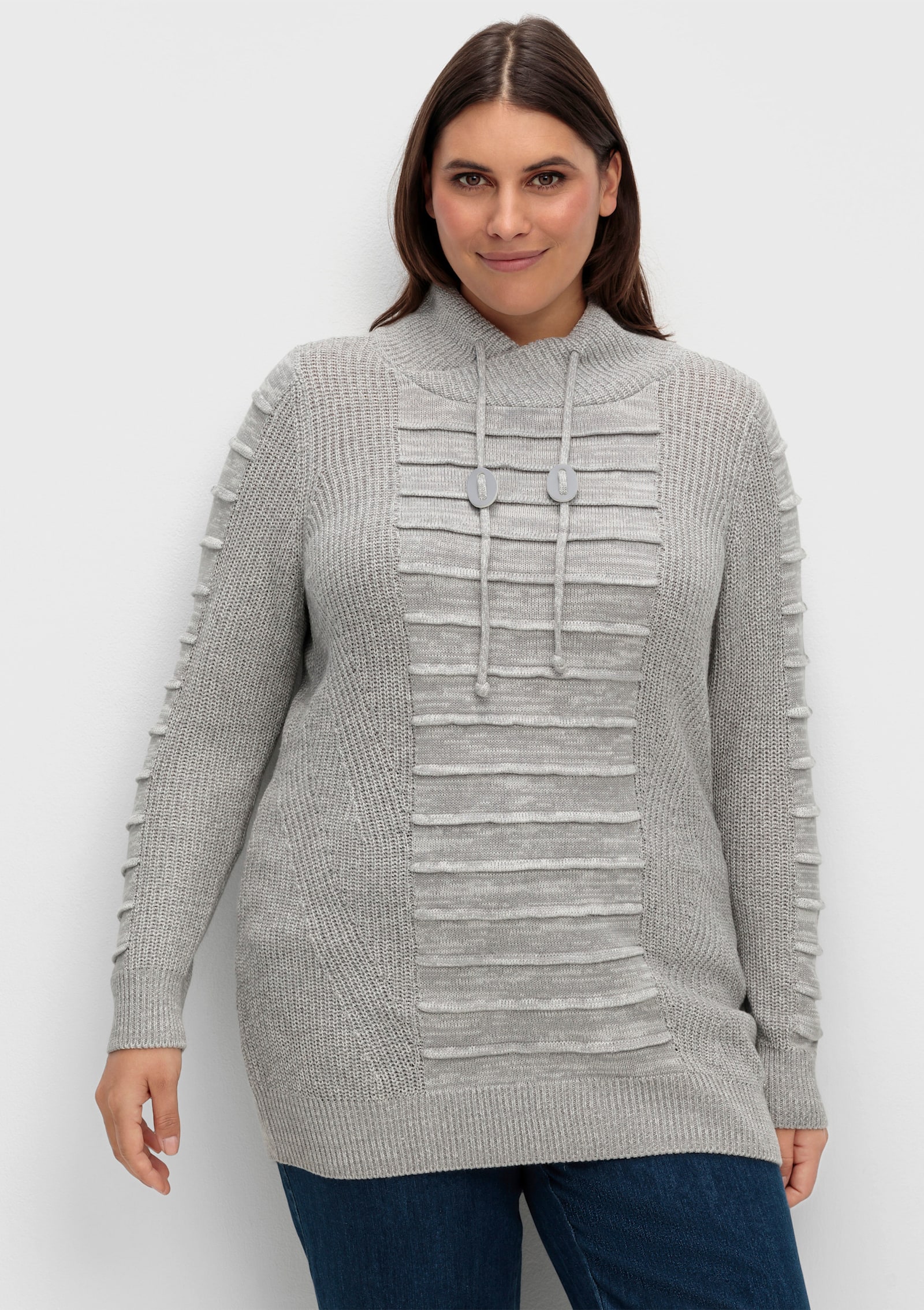 Longpullover mit Struktur-Partien - steingrau-weiß-meliert