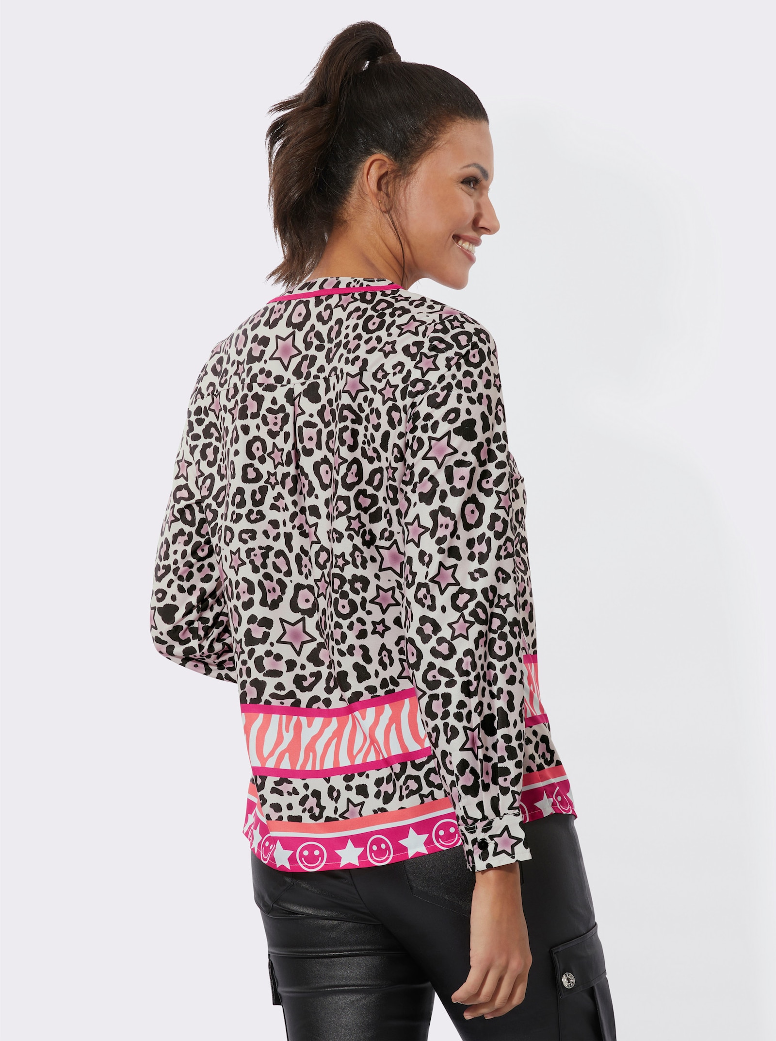 Blouse met lange mouwen in dierendessin - ivoor/zwart bedrukt