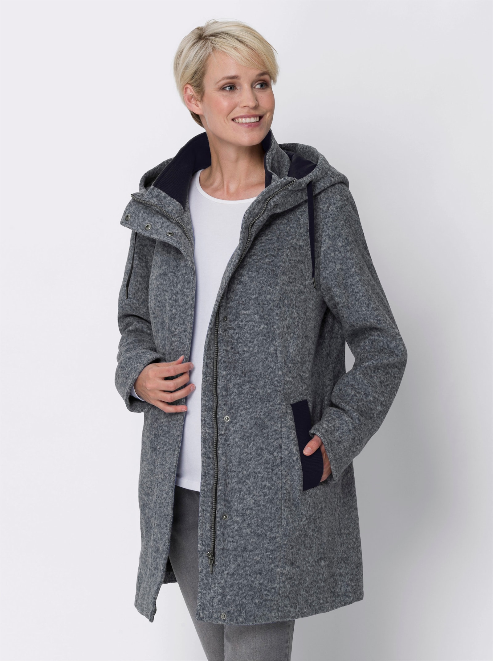Longjacke mit weitenverstellbarer Kapuze - rauchblau-meliert