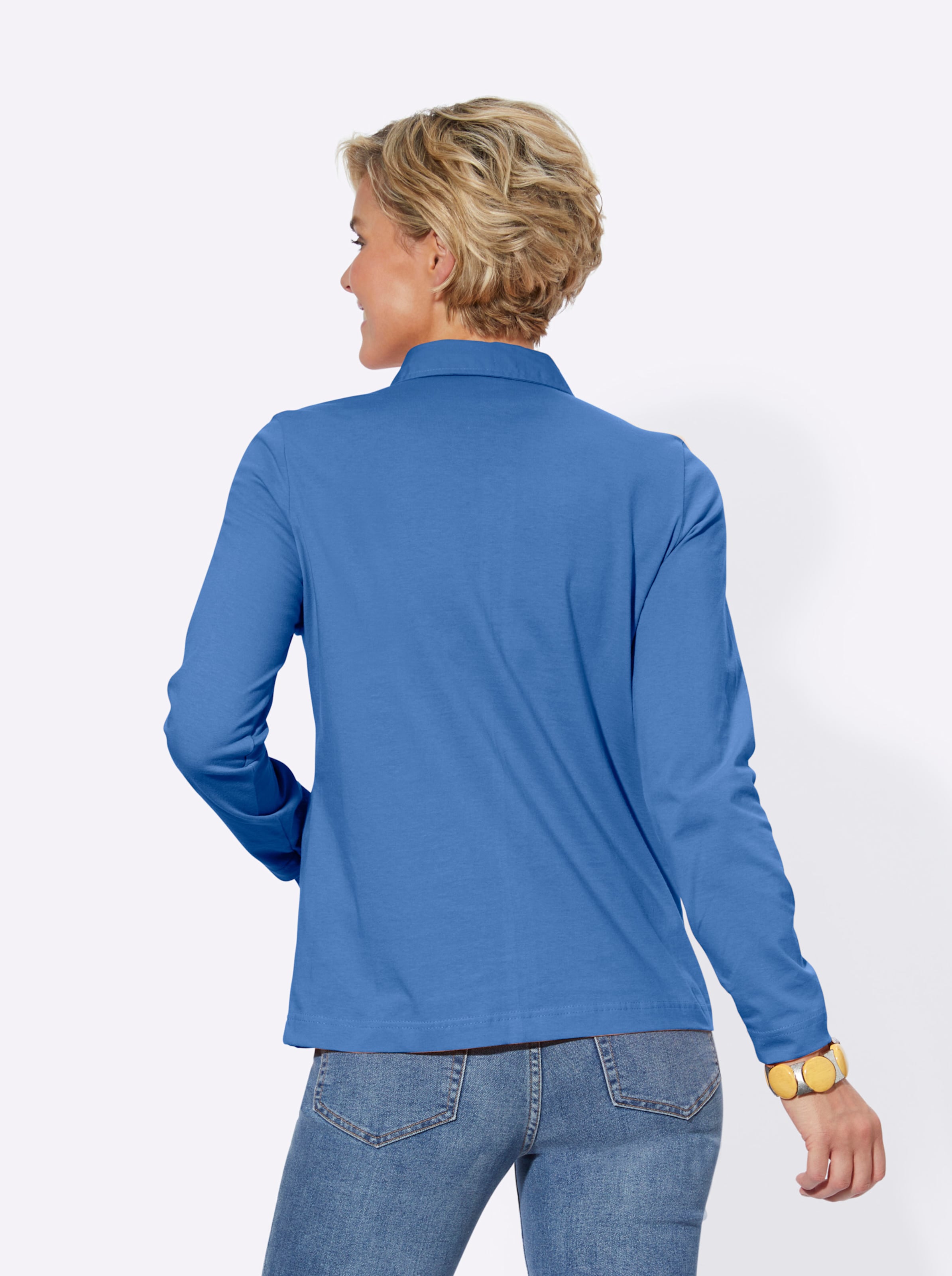 Lang Shirt  günstig Kaufen-Langarm-Poloshirt in blau von heine. Langarm-Poloshirt in blau von heine <![CDATA[Poloshirt in Single-Jersey-Qualität. Mit Polokragen und Knopfleiste. Langarm.]]>. 