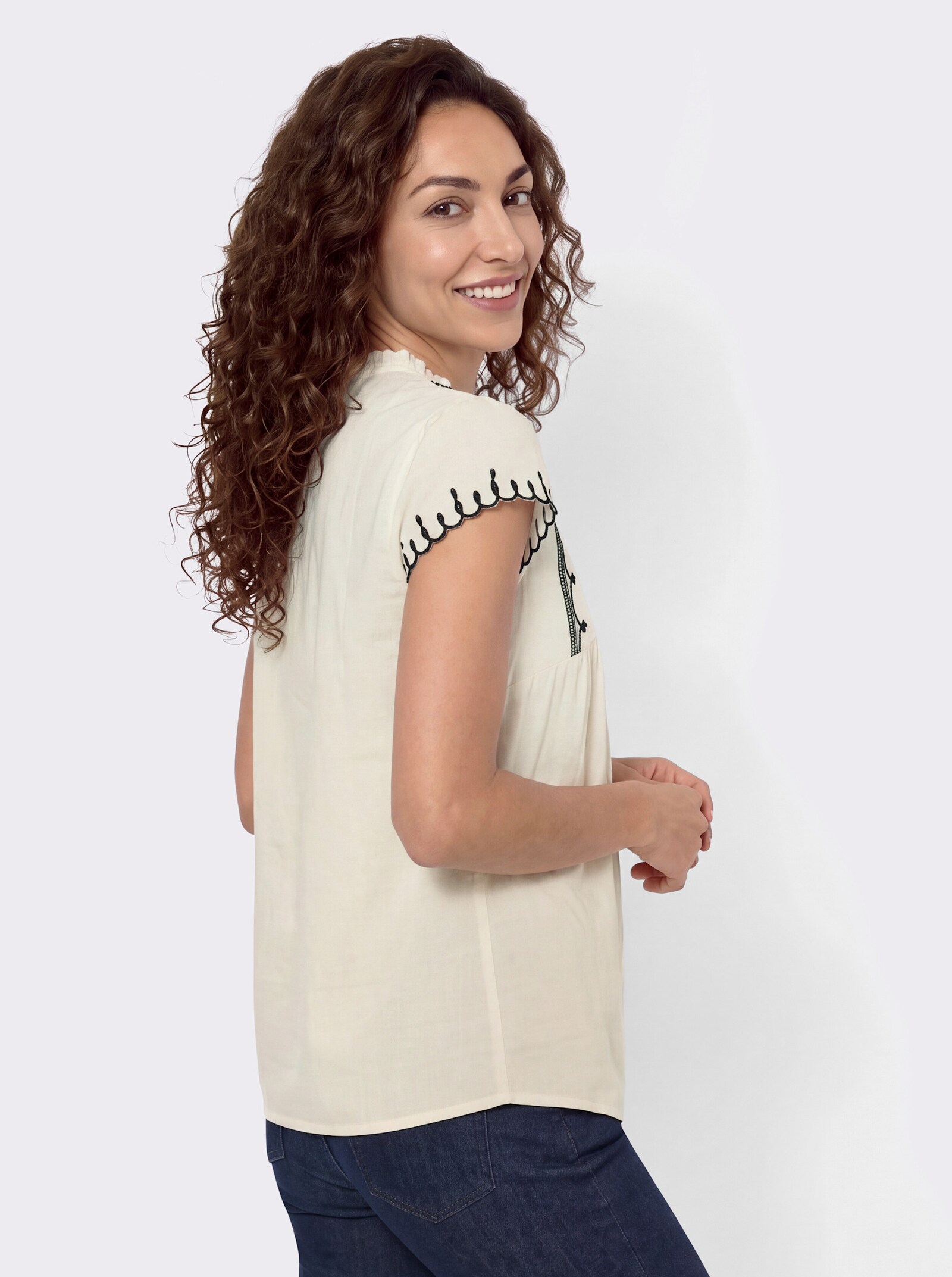 Baumwollbluse mit Stickerei - champagner-schwarz-gemustert