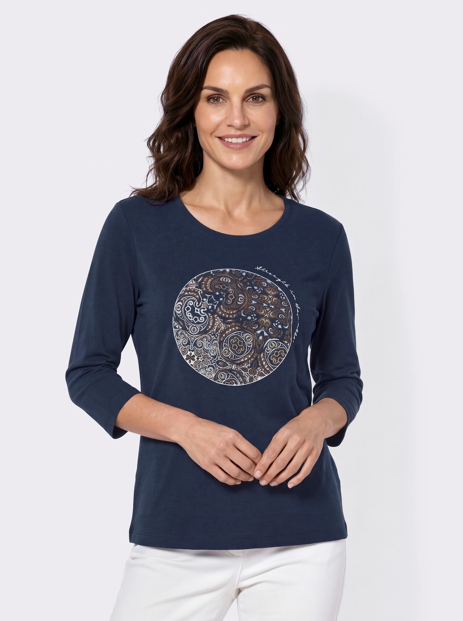3/4-Arm-Shirt mit Druckmotiv im Vorderteil - marine-bedruckt
