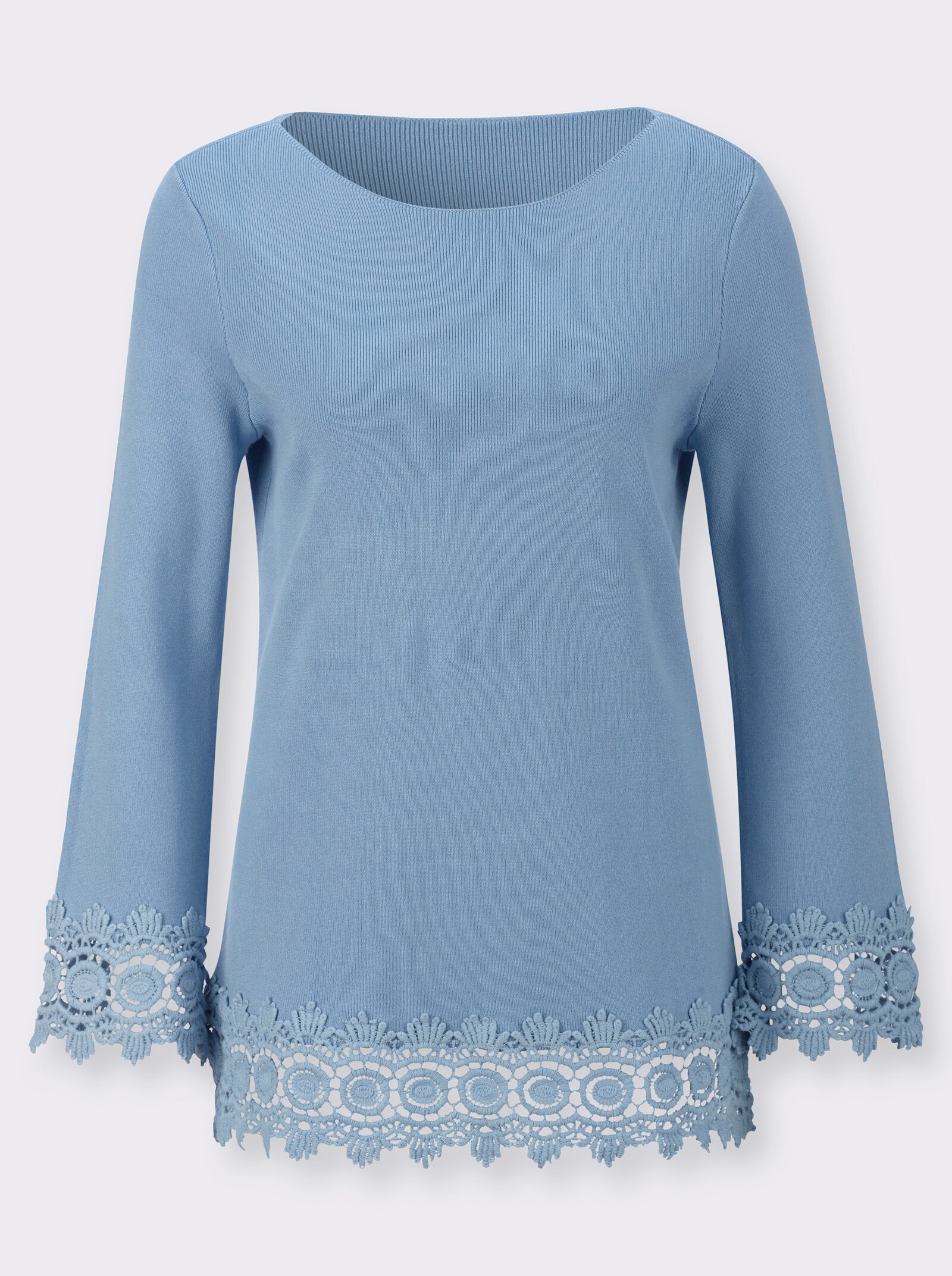 Langarm-Pullover mit Spitzenbordüre - eisblau