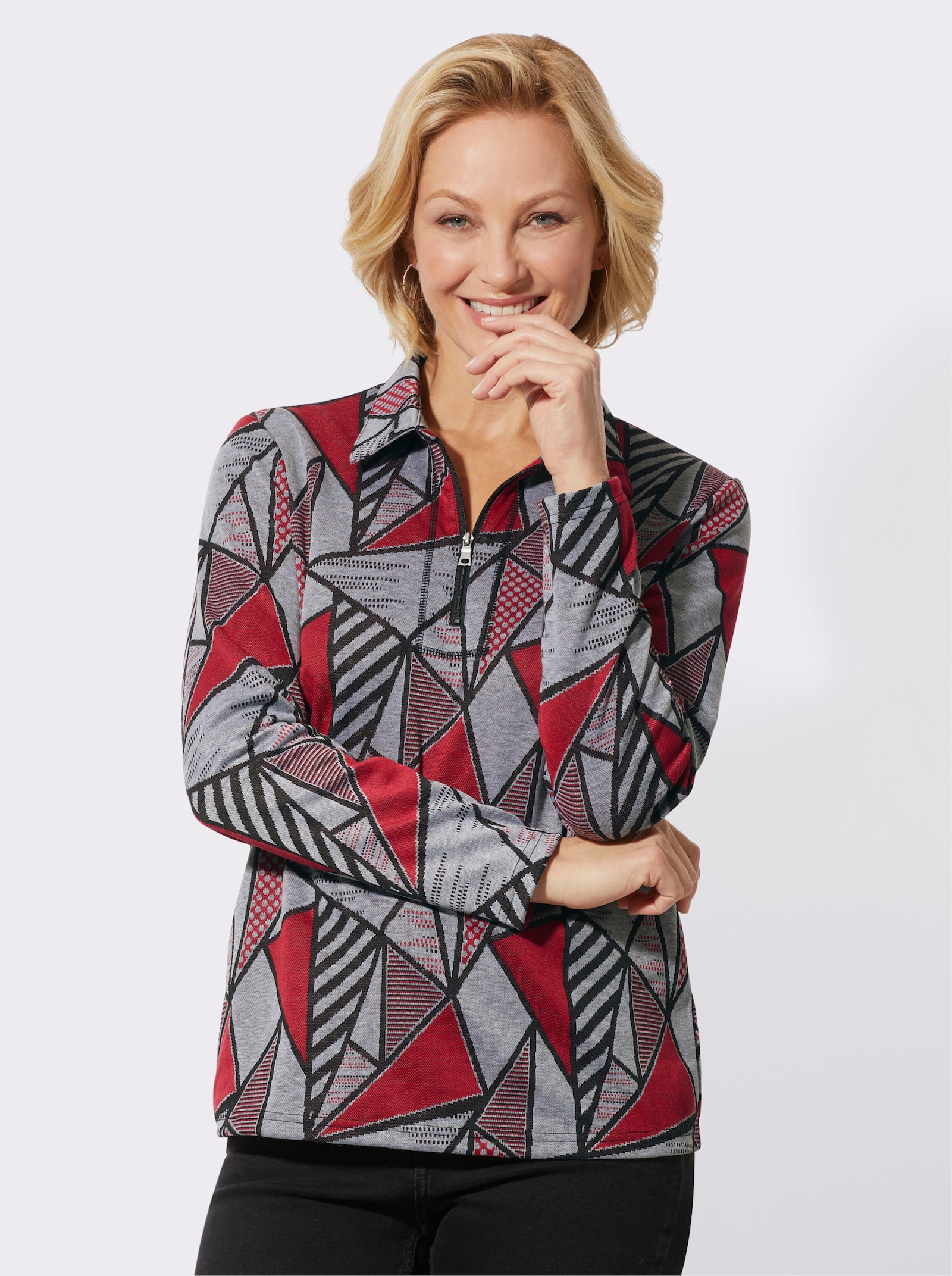 Poloshirt met contrasterende accenten - grijs/rood geprint