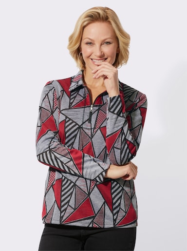 Poloshirt mit Kontrast-Akzenten - grau-rot-bedruckt