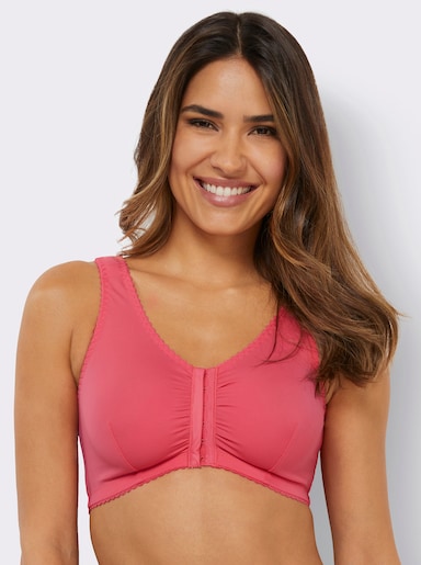 wäschepur Vorderverschluss-BH ohne Bügel mit Raffung vorne - schwarz + koralle