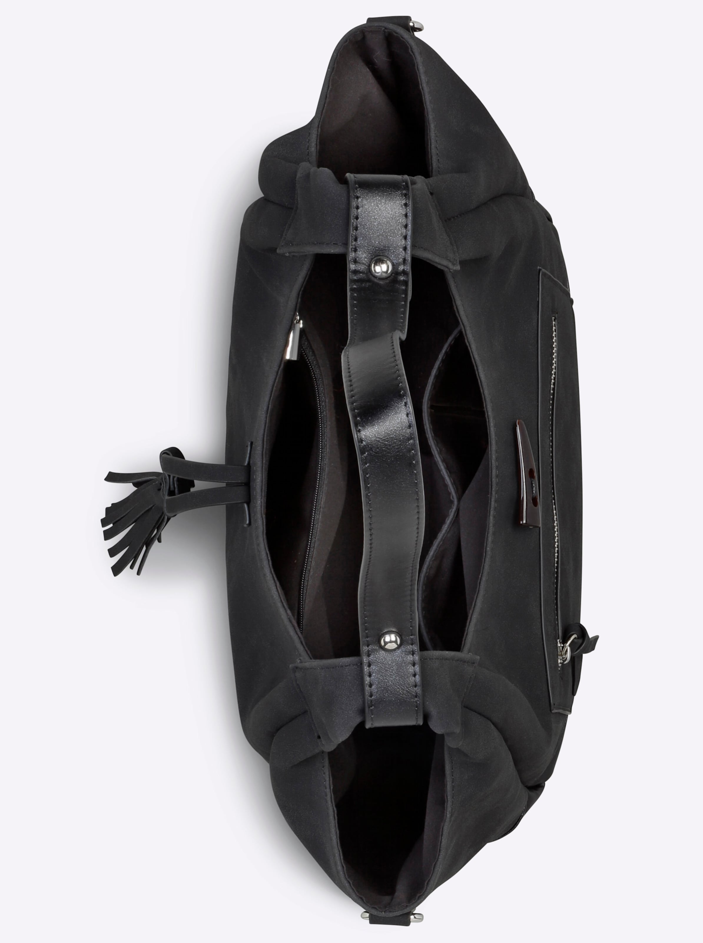 xE4;cher günstig Kaufen-Tasche in schwarz von heine. Tasche in schwarz von heine <![CDATA[Tasche Modebegleiter aus hochwertigem Leder-Imitat, mit silberfarbenen Metallelementen. Dekorativer Knebelverschluss mit Quaste. Innen 2 Steckfächer, 1 Reißverschlussfach. Reißverschluss