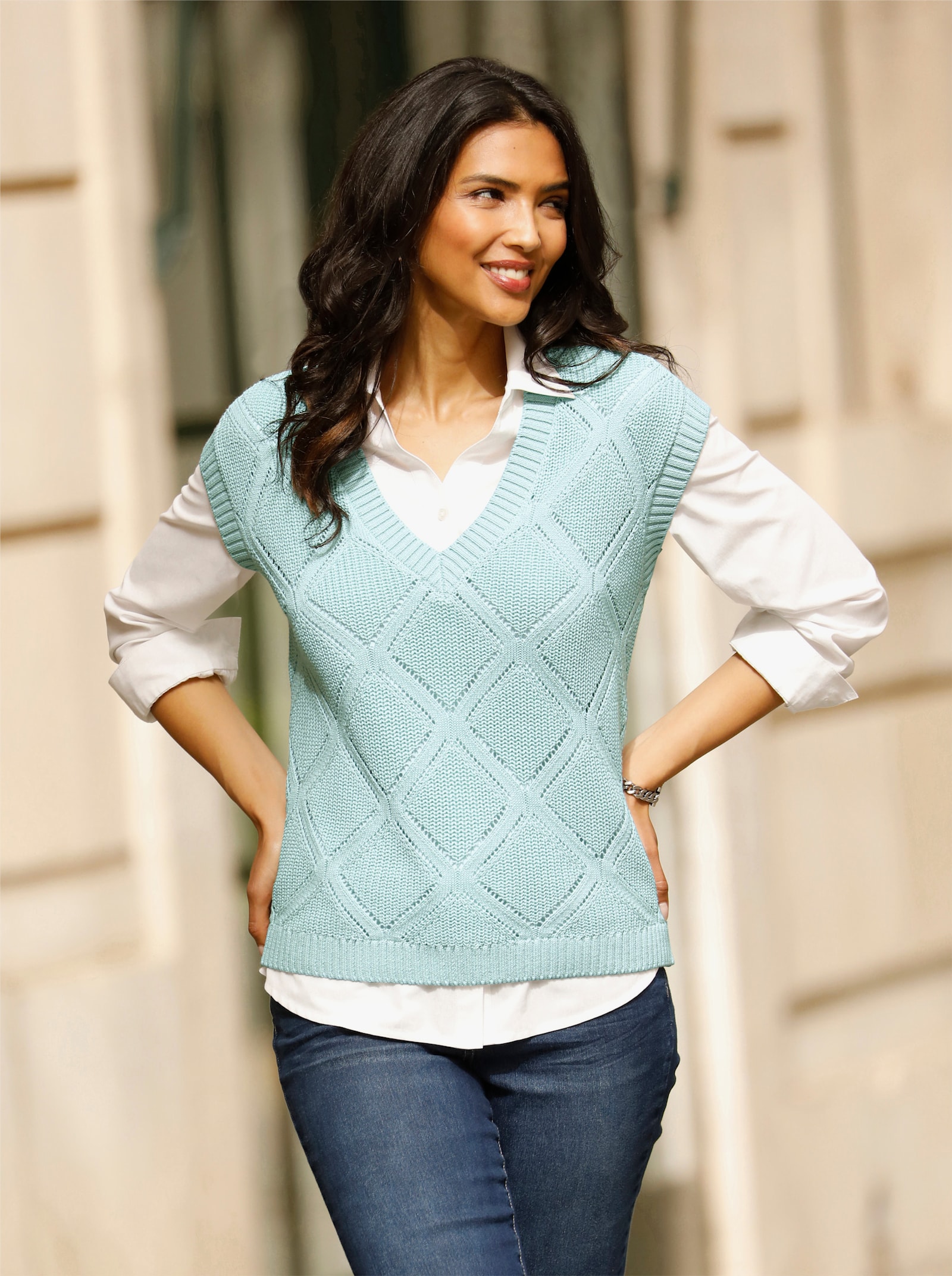 Pullunder mit Rauten-Muster im Vorderteil - kalkmint