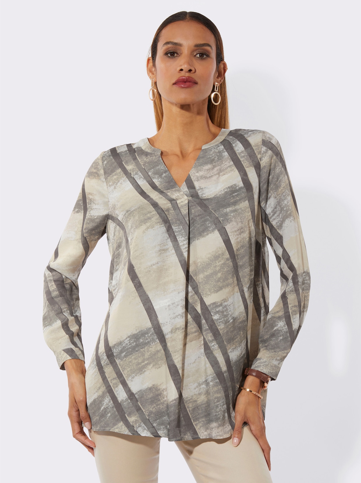 Langarmbluse mit Knopfmanschetten - sand-grau-bedruckt