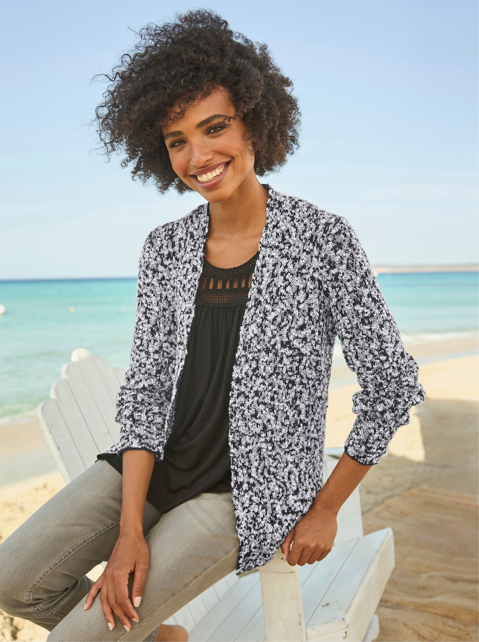 heine Vest in gemêleerde look - zwart/ecru gedessineerd