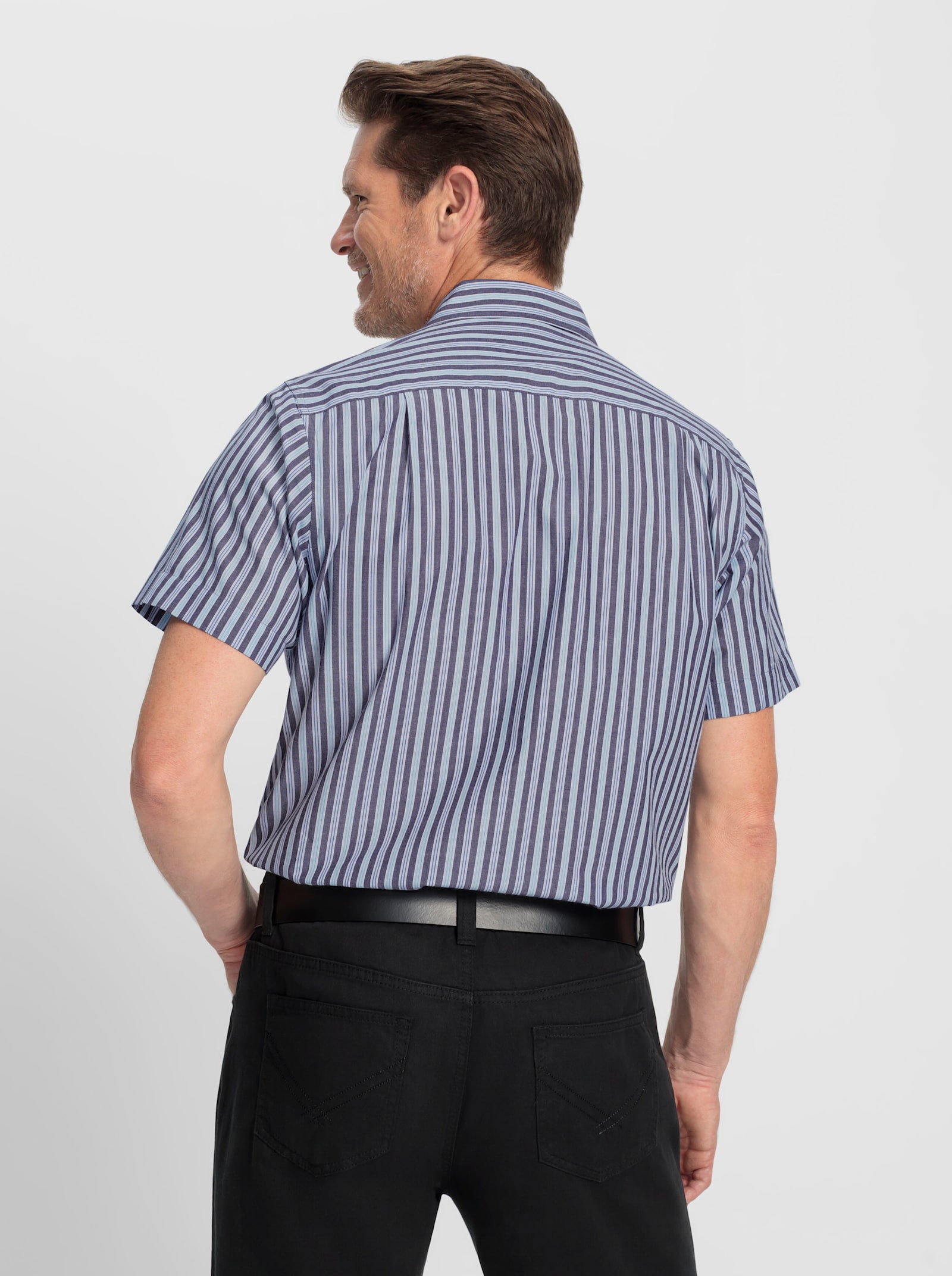 Marco Donati Overhemd met korte mouwen, in het garen geverfd en strijkvrij - marine/jeansblauw gestreept