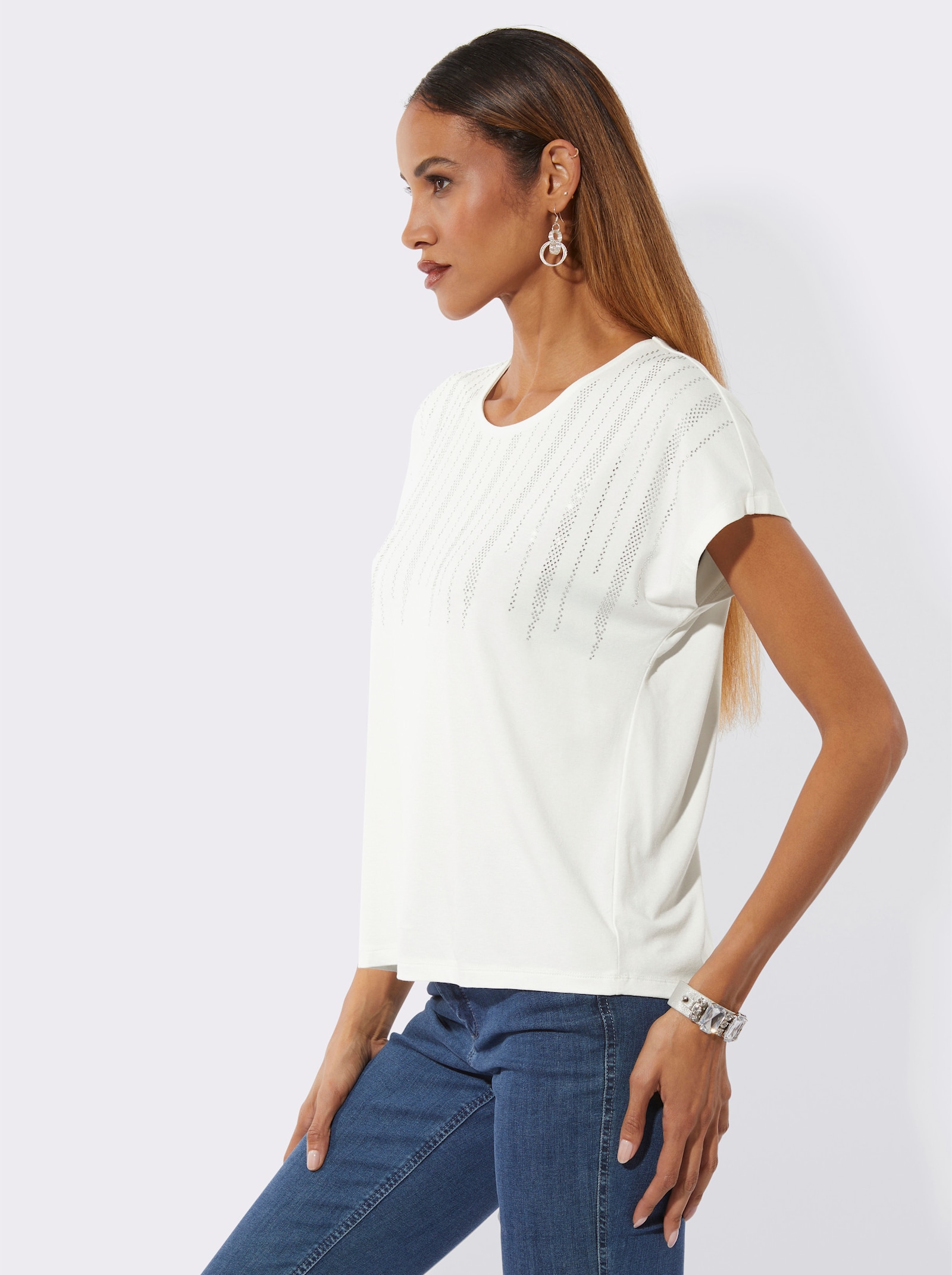 Kurzarmshirt mit Ziersteinchen - ecru