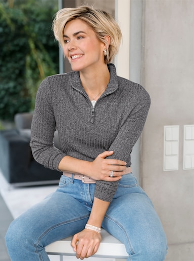 Rippshirt mit Troyerkragen - steingrau-meliert