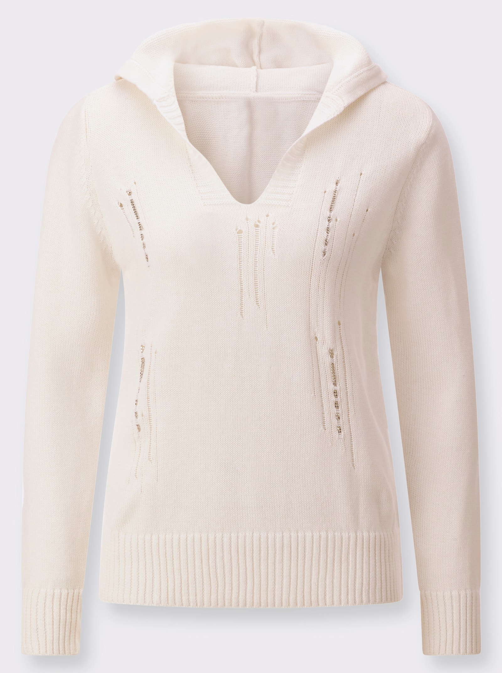  Pullover met capuchon en versiering van decoratieve ketting - ecru