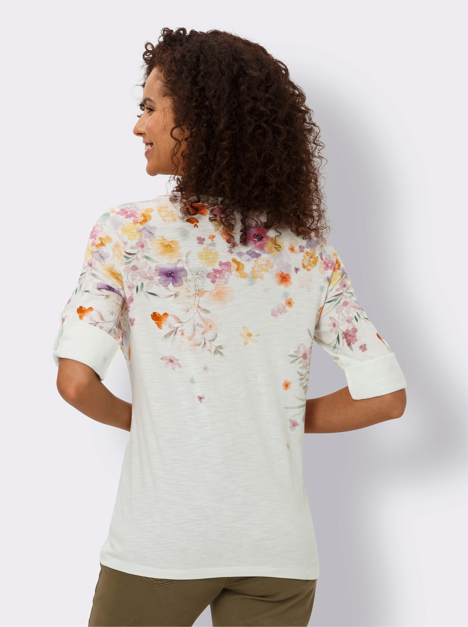 heine 3/4-Arm-Shirt mit Blumen-Print - ecru-orange-bedruckt