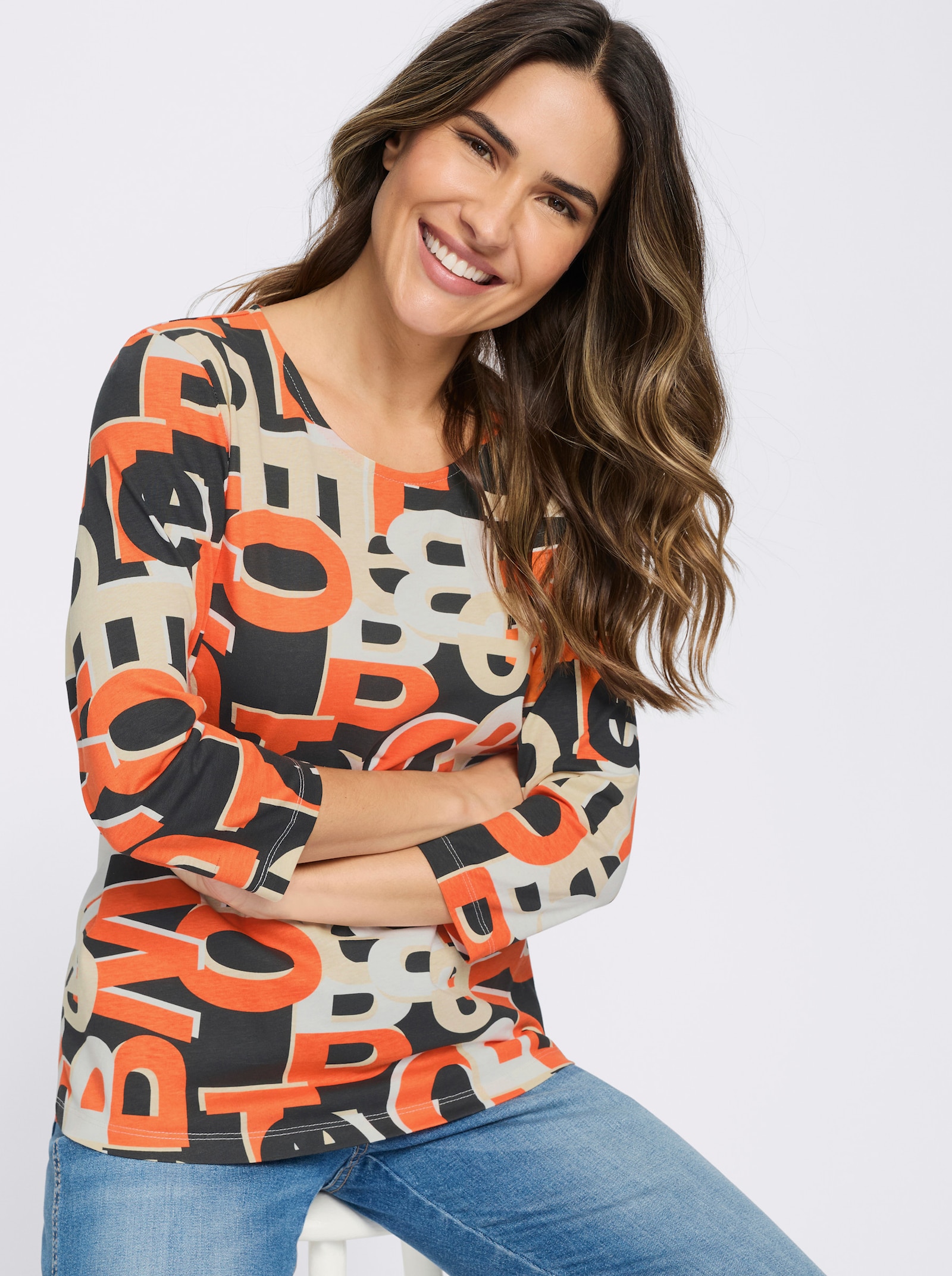 3/4-Arm-Shirt mit Lettering-Druck - orange-schwarz-bedruckt