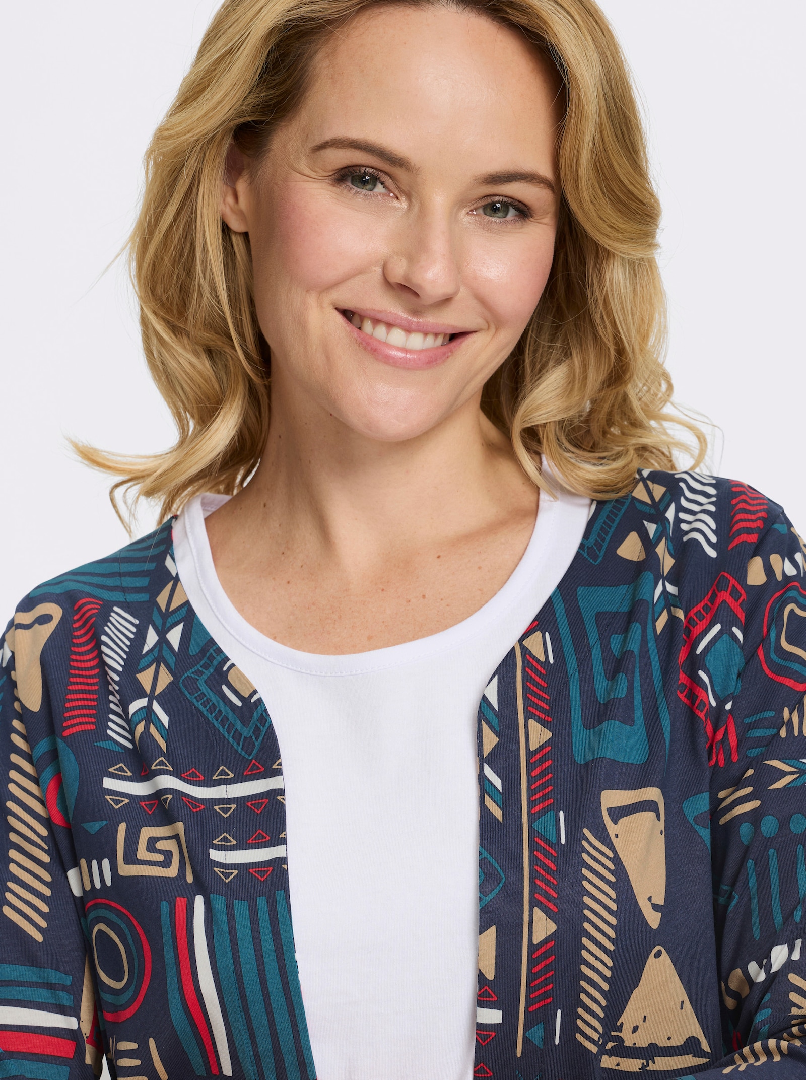 Shirtjacke mit zipfeligem Saum - marine-topas-bedruckt