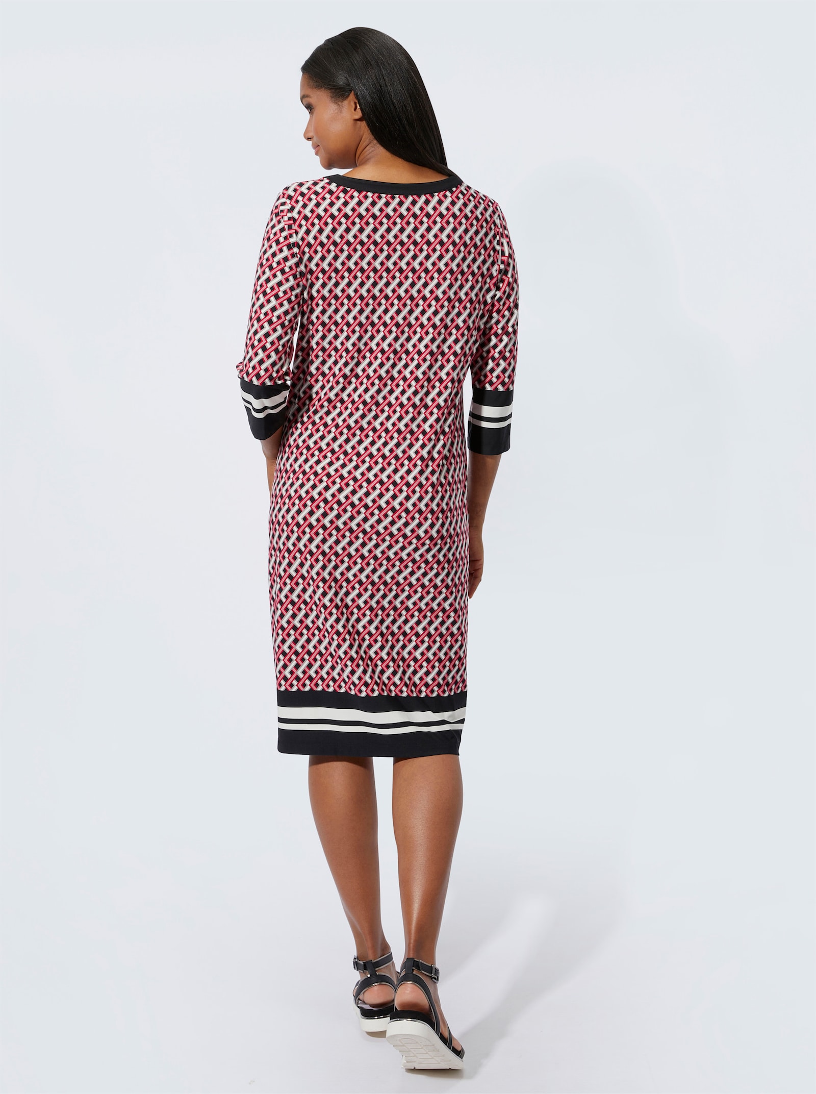 Jerseykleid mit 3/4-Ärmeln - rot-schwarz-bedruckt
