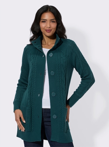 Strickjacke mit Links- und Zopf-Strickmuster - petrol