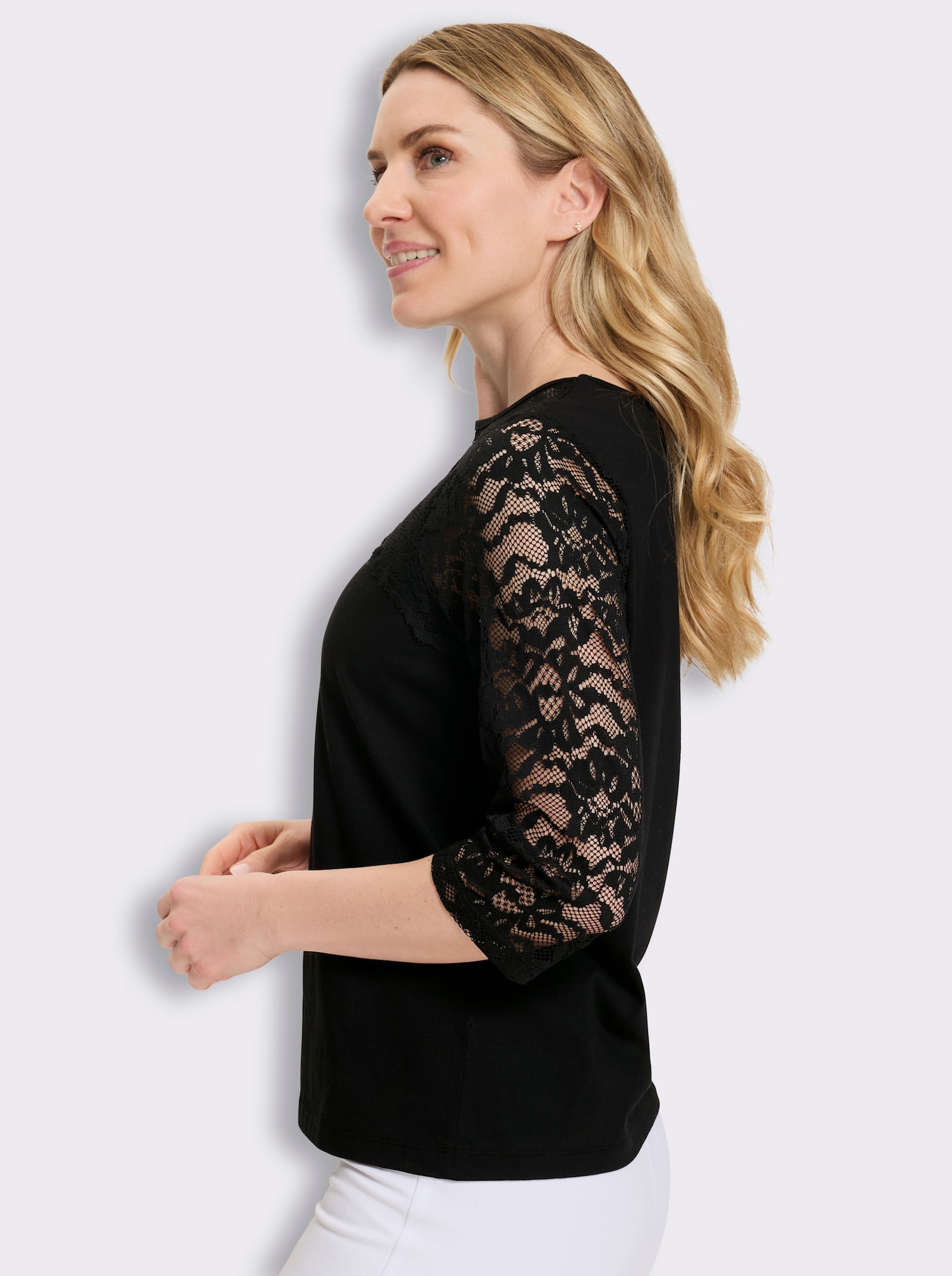 3/4-Arm-Shirt mit Spitze - schwarz