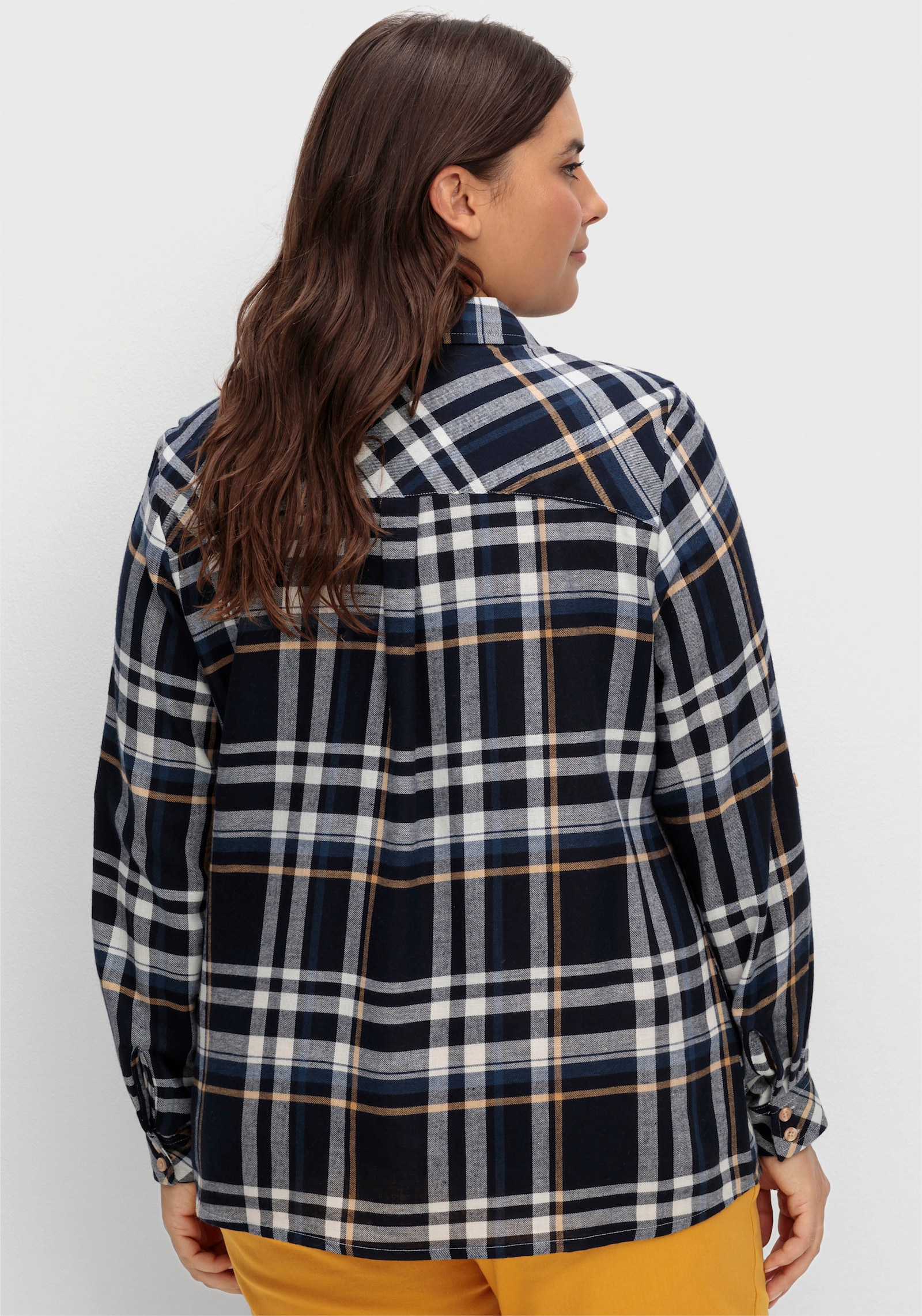 Flanellbluse mit krempelbaren Ärmeln - marine-camel-kariert
