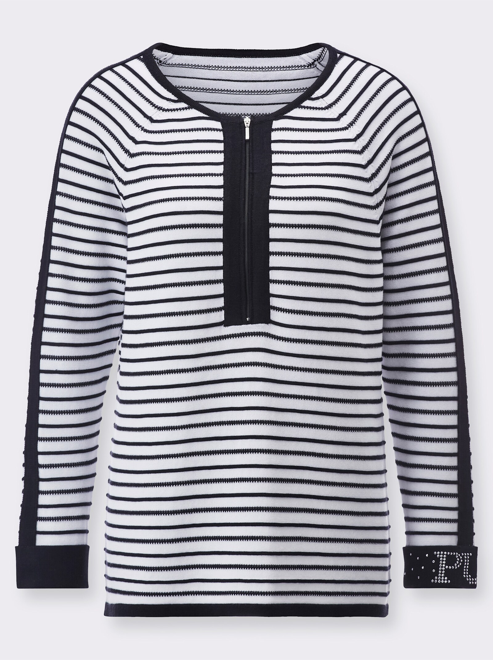 3/4 Arm-Pullover in 3D-Optik - schwarz-weiß-geringelt