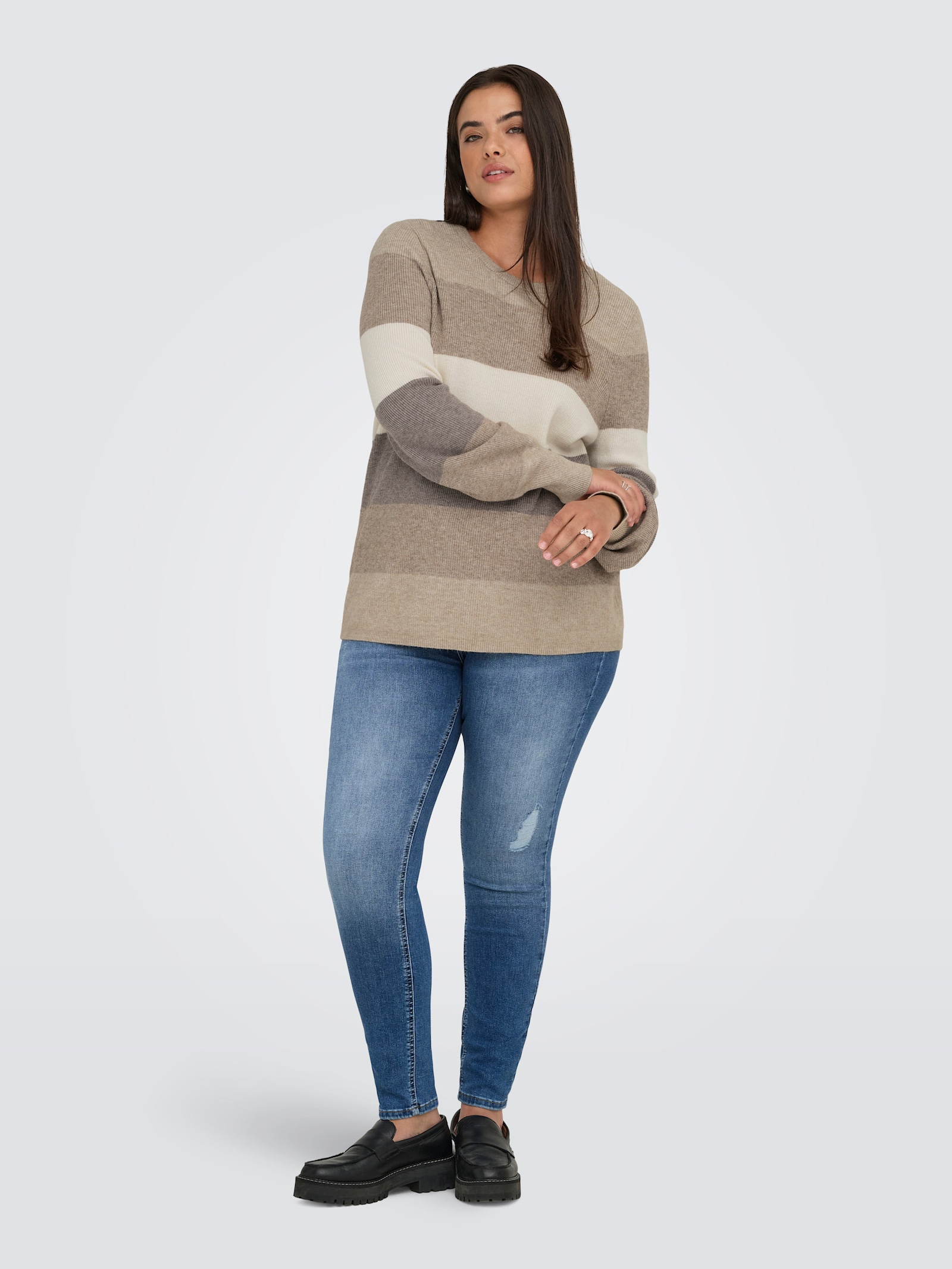 ONLY CARMAKOMA Strickpullover - feather gray stripes:beige/whitecap gray/leafless tree