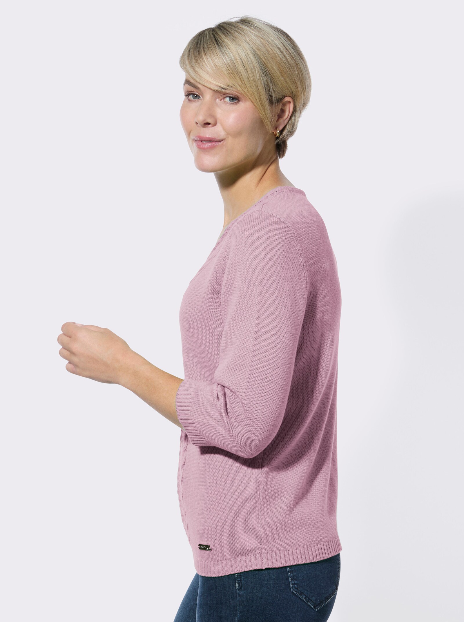 V-Ausschnitt-Pullover mit Rippbündchen - rosé