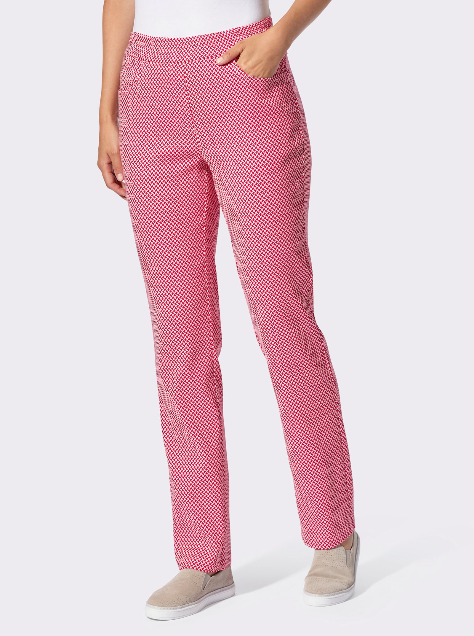 Stretch-Hose in knitterarmer Koffer-Qualität - rot-ecru-gemustert