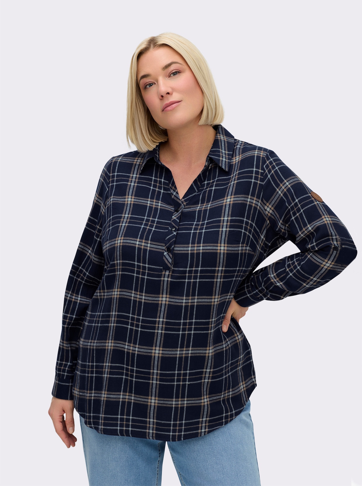 Flanellbluse mit krempelbaren Ärmeln - marine-weiß-kariert