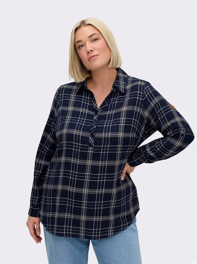 Flanellbluse mit krempelbaren Ärmeln - marine-weiß-kariert
