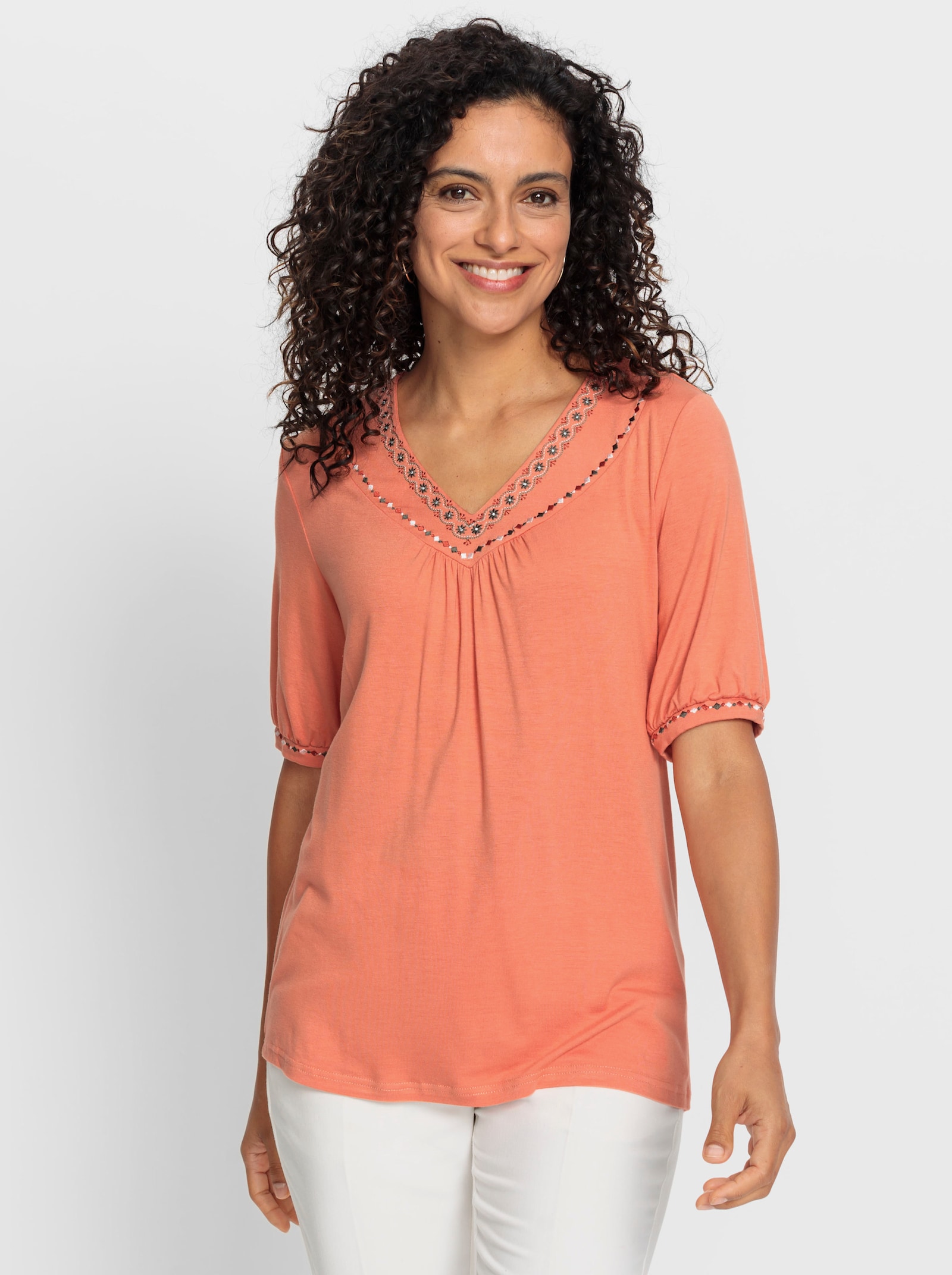 Shirt met korte mouwen en borduursel - papaya