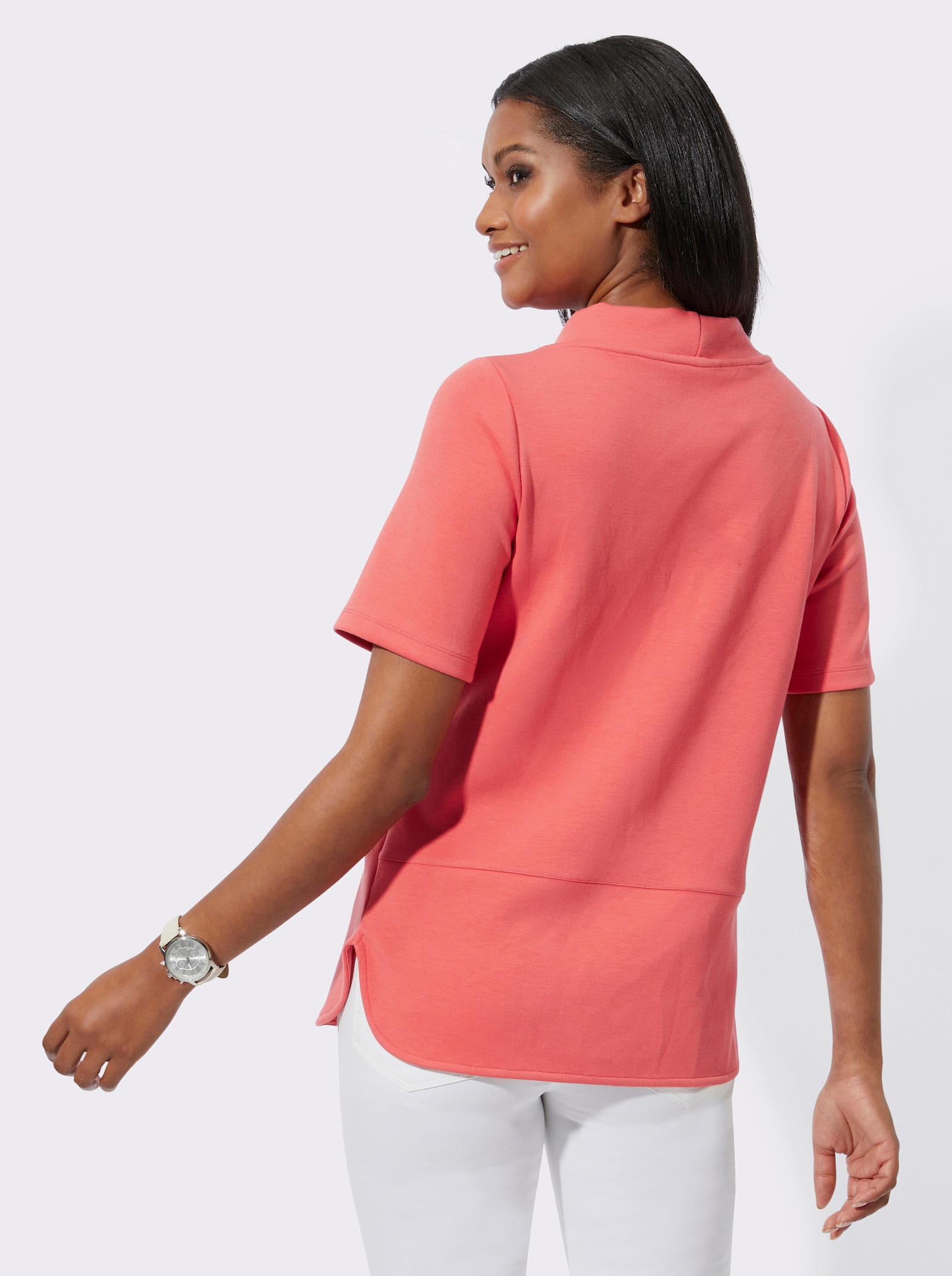 Kurzarmshirt mit Stehkragen - koralle