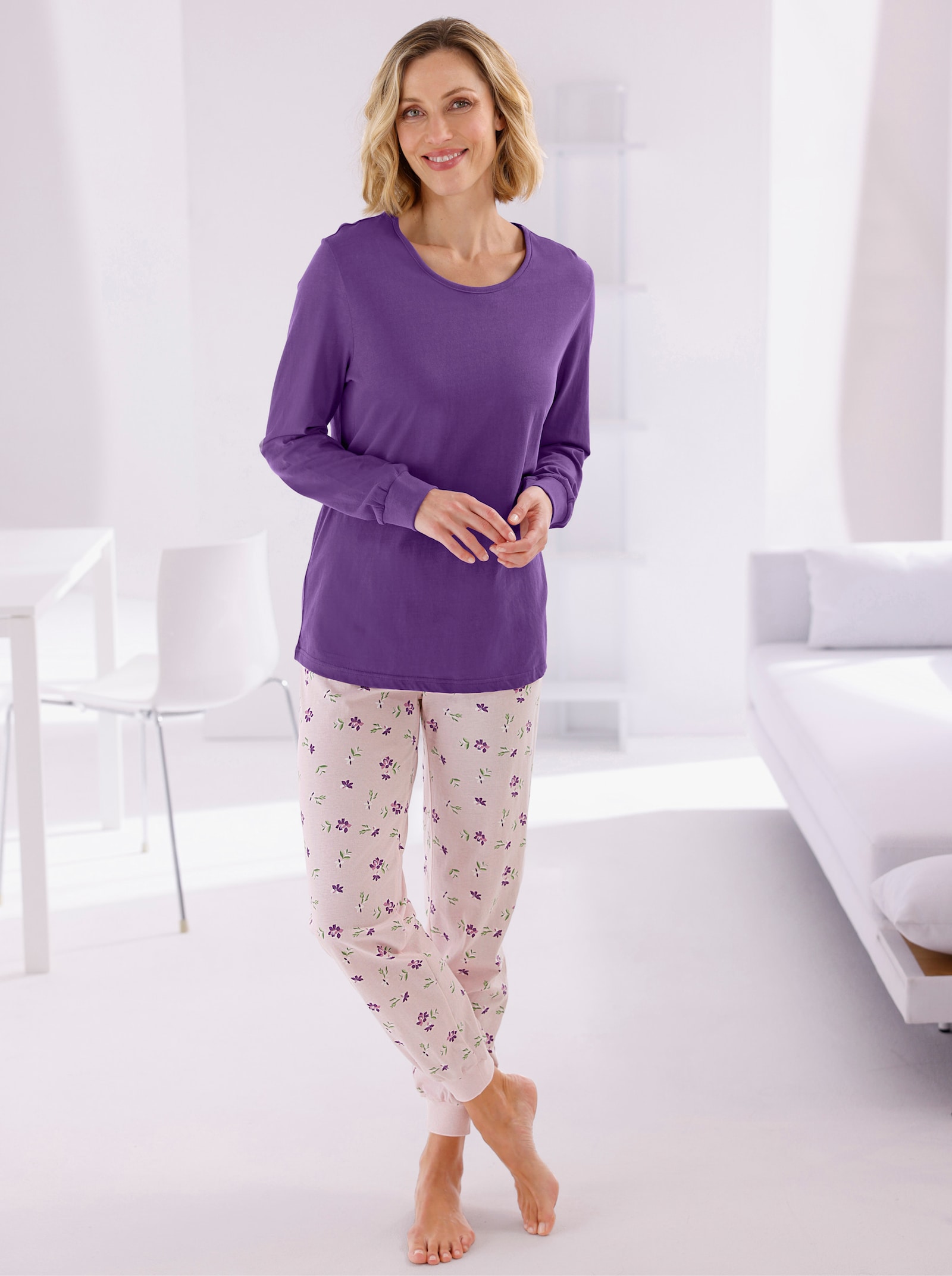 wäschepur Schlafanzüge mit Millefleursprint - rosé-lila-bedruckt + lila