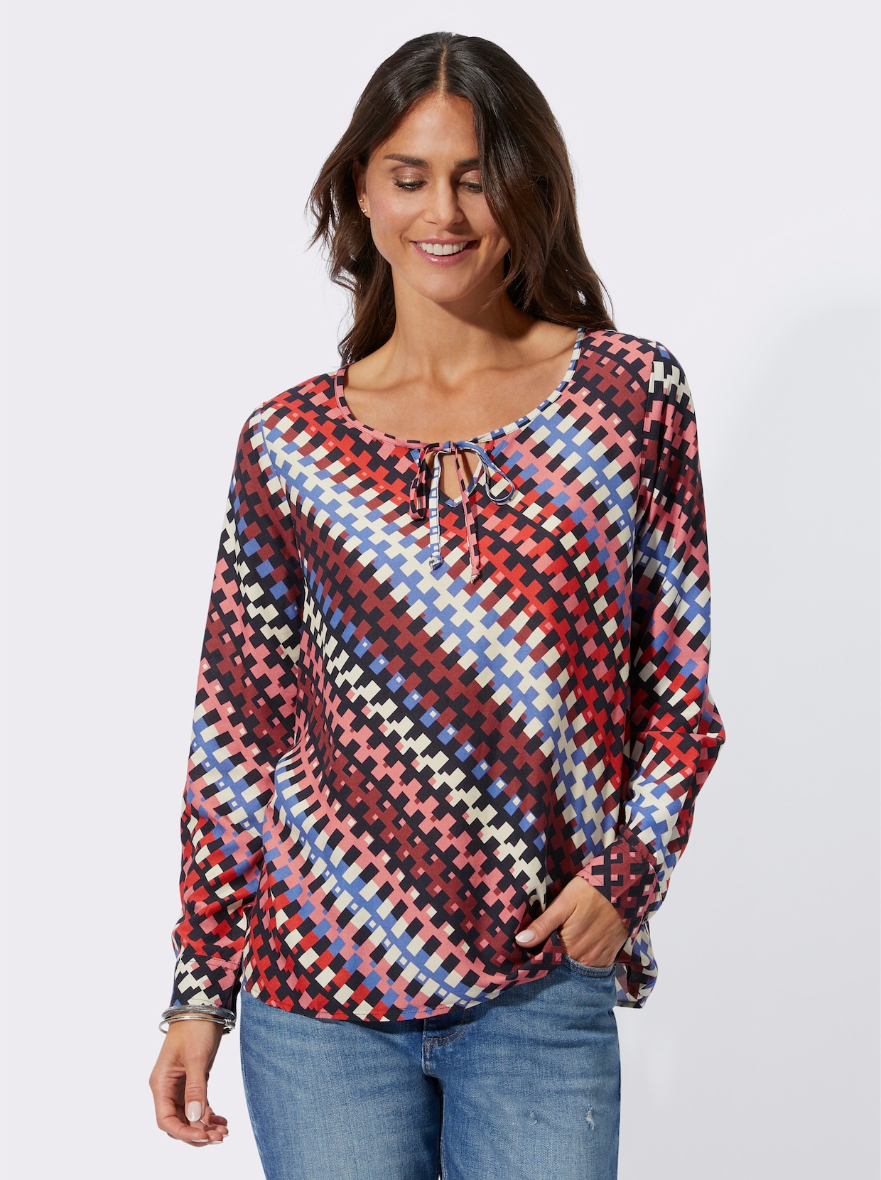 Comfortabele blouse - zwart/flamingo bedrukt
