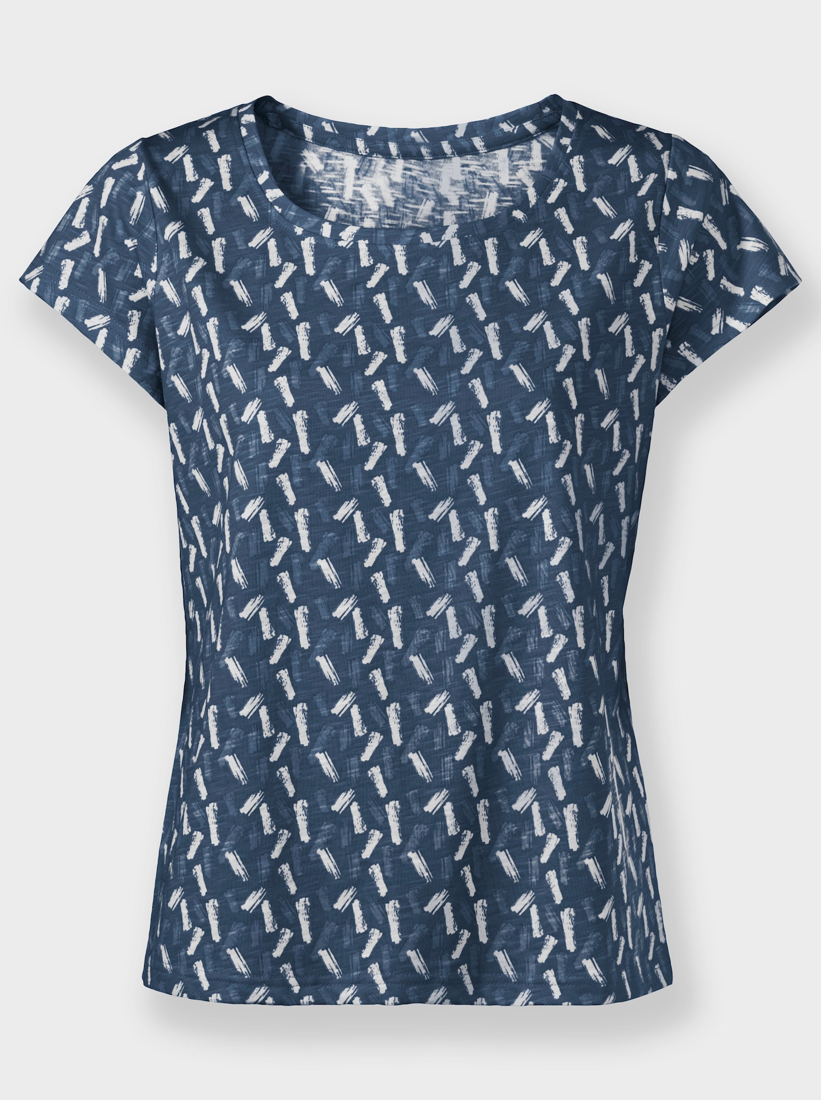 Rundhalsshirt mit Flammgarn-Struktur - dunkelblau-ecru-bedruckt