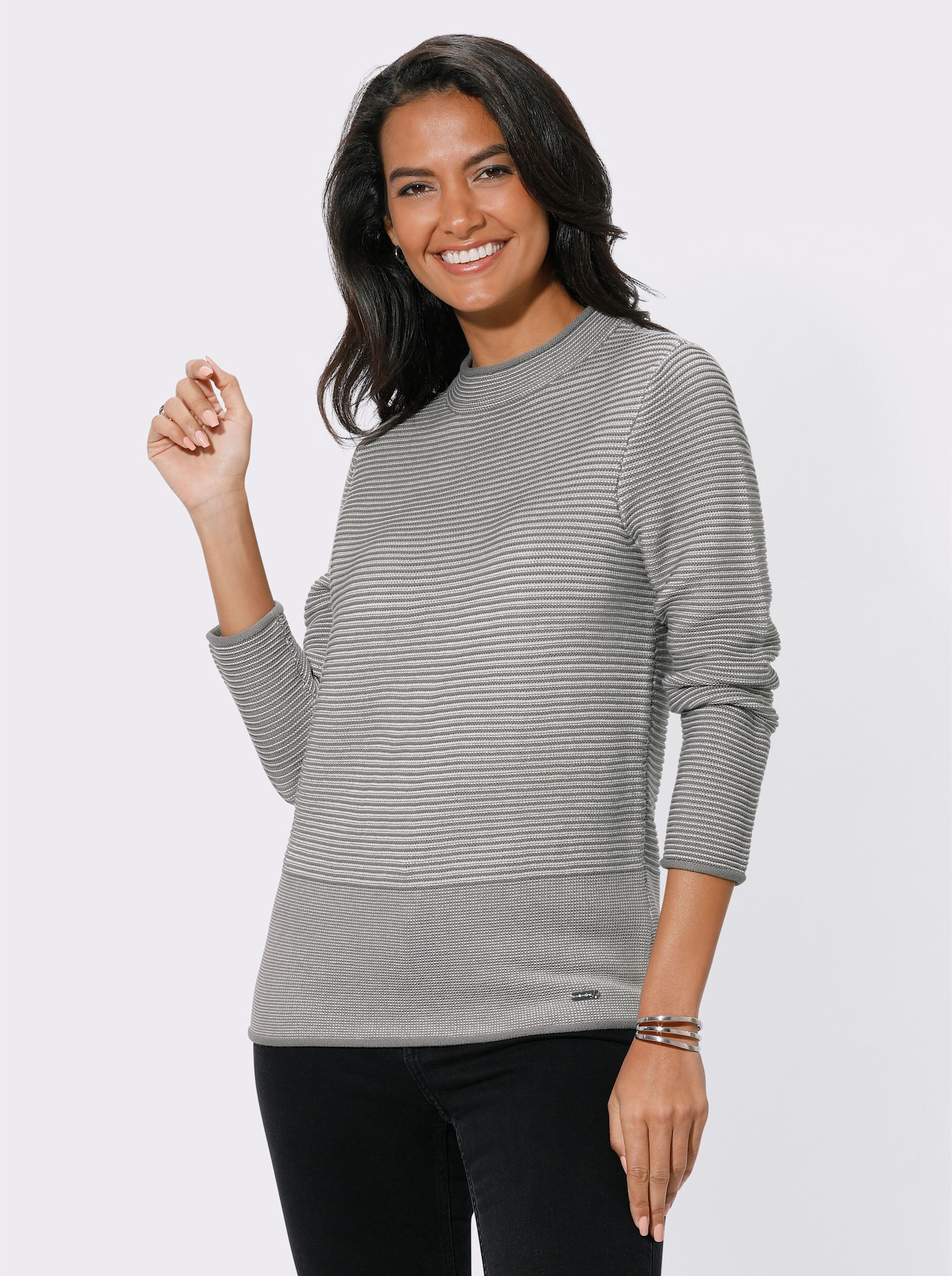 Pull à col montant avec motif tricoté à l'envers - gris-écru à rayures fines