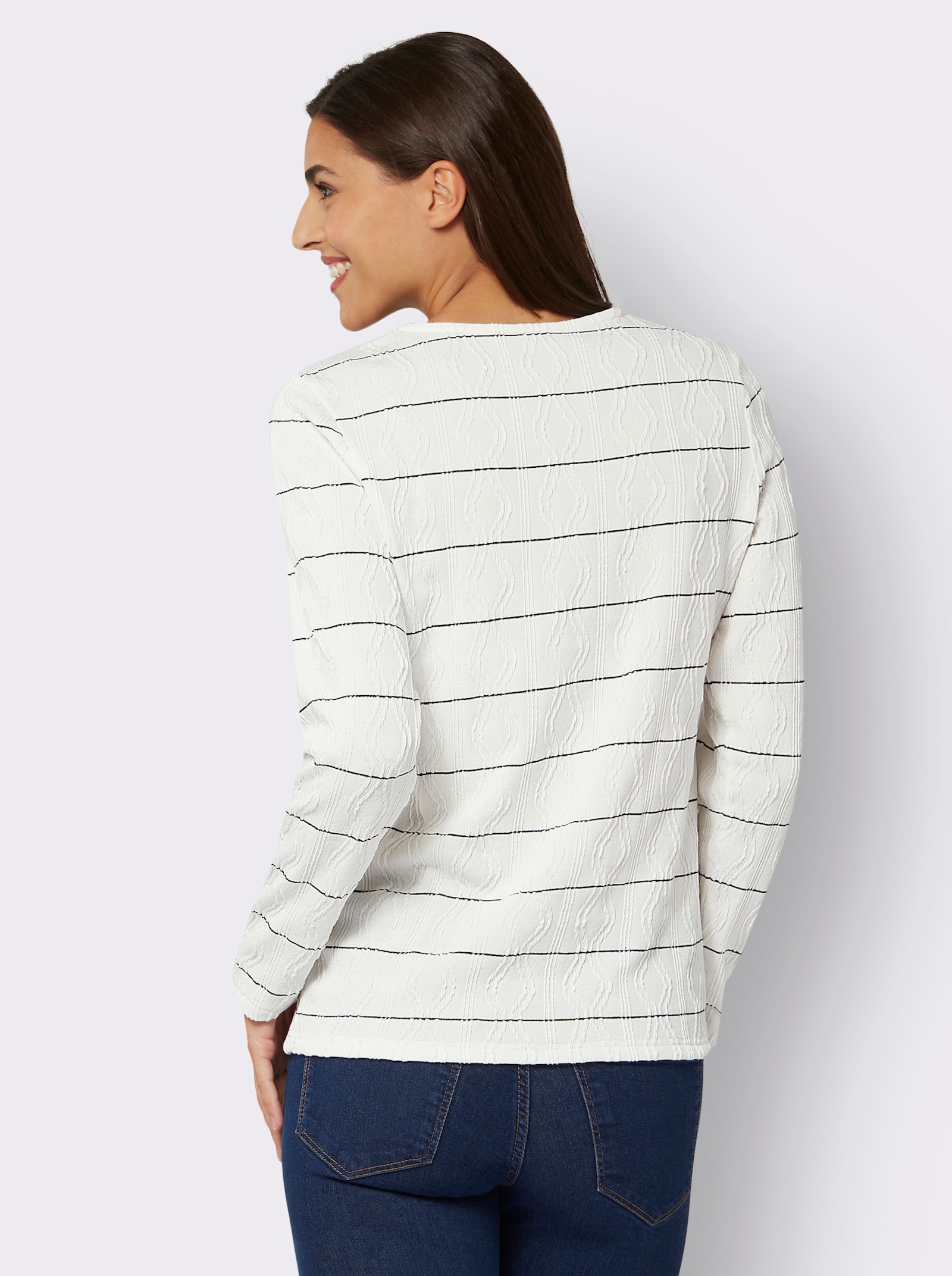Langarmshirt mit Jacquard-Streifen - weiss-schwarz-geringelt