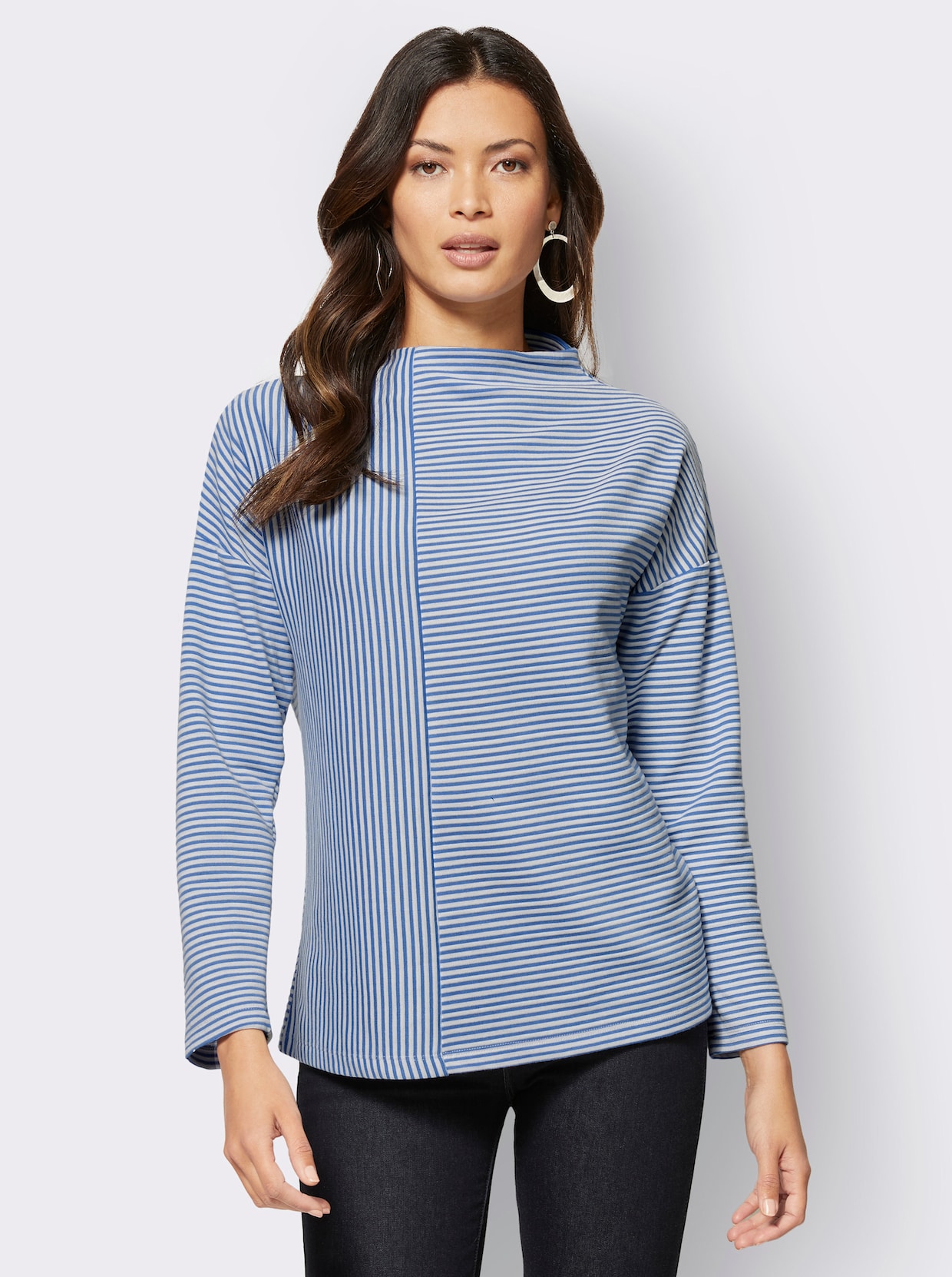 Langarmshirt - ecru-mittelblau-gestreift