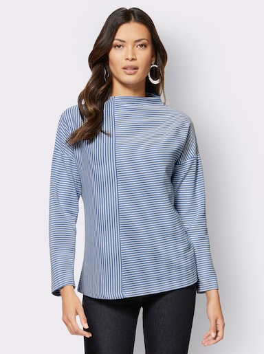 Langarmshirt in Ripp-Optik - ecru-mittelblau-gestreift