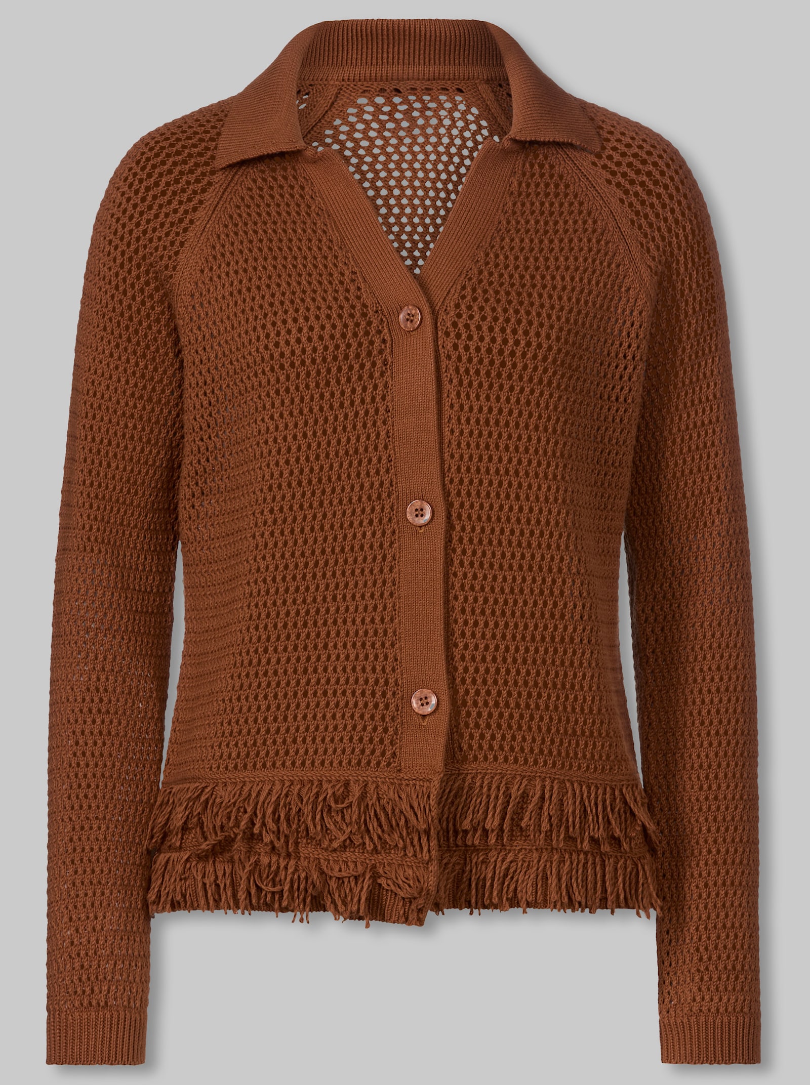 heine Ajourstrickjacke mit Fransensaum - cognac