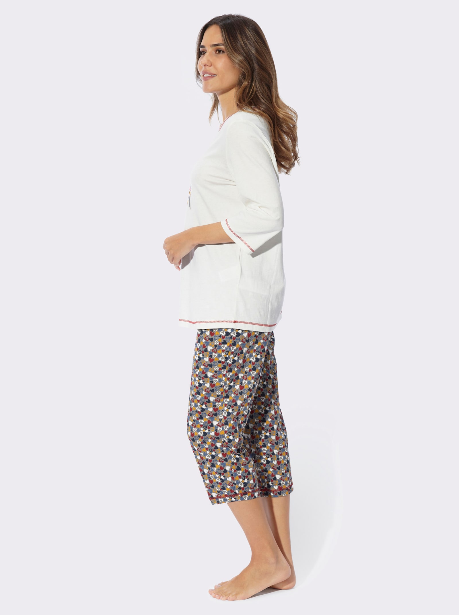 Schlafanzug mit Kontrastnähten - ecru-steingrau-bedruckt