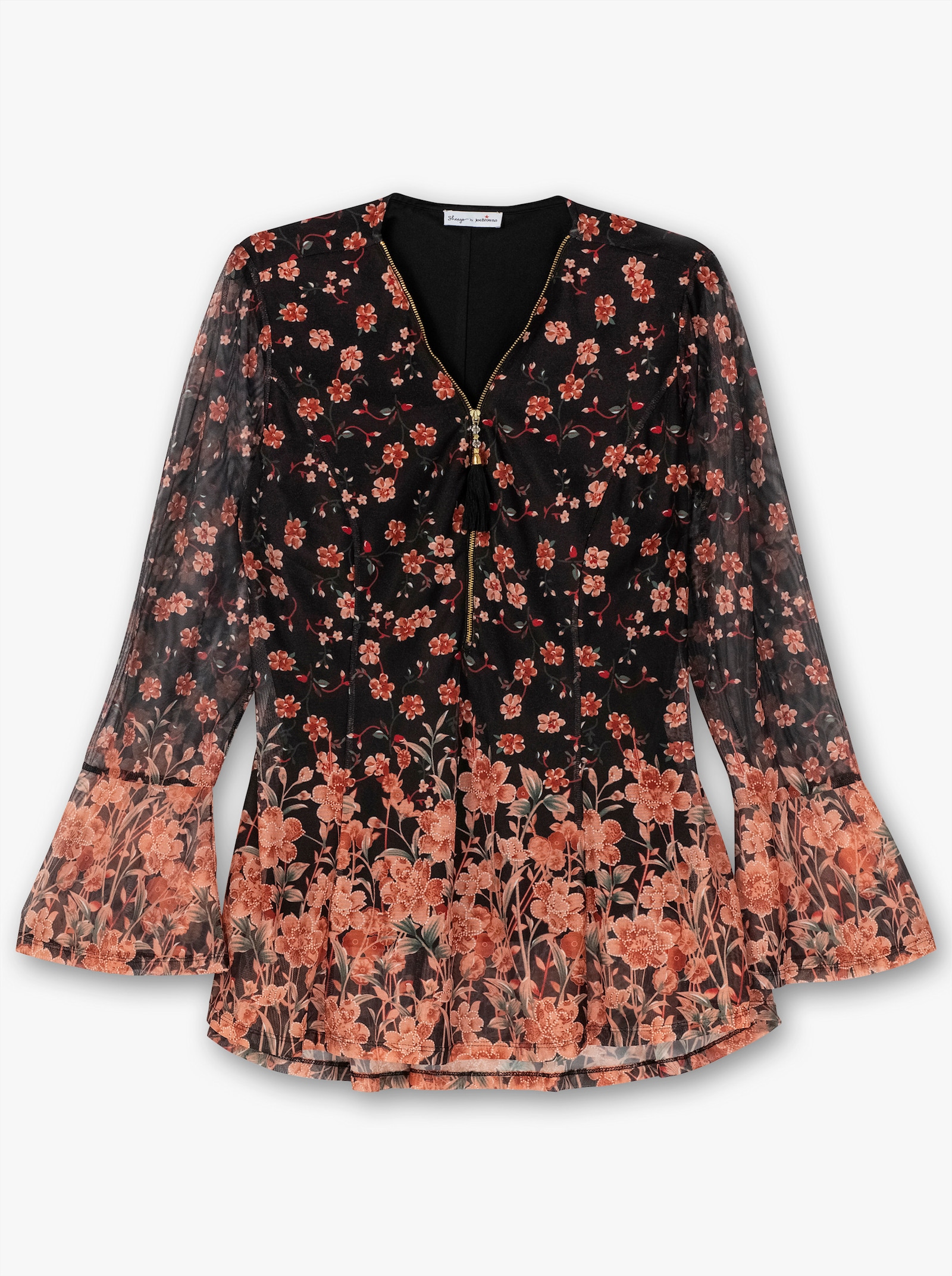 sheego by Joe Browns Tunika aus Mesh, mit Trompetenärmeln - schwarz-gemustert