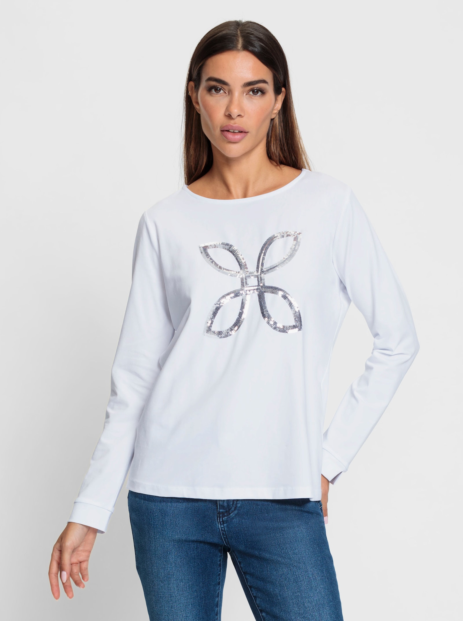 heine Langarmshirt mit Pailletten - weiß