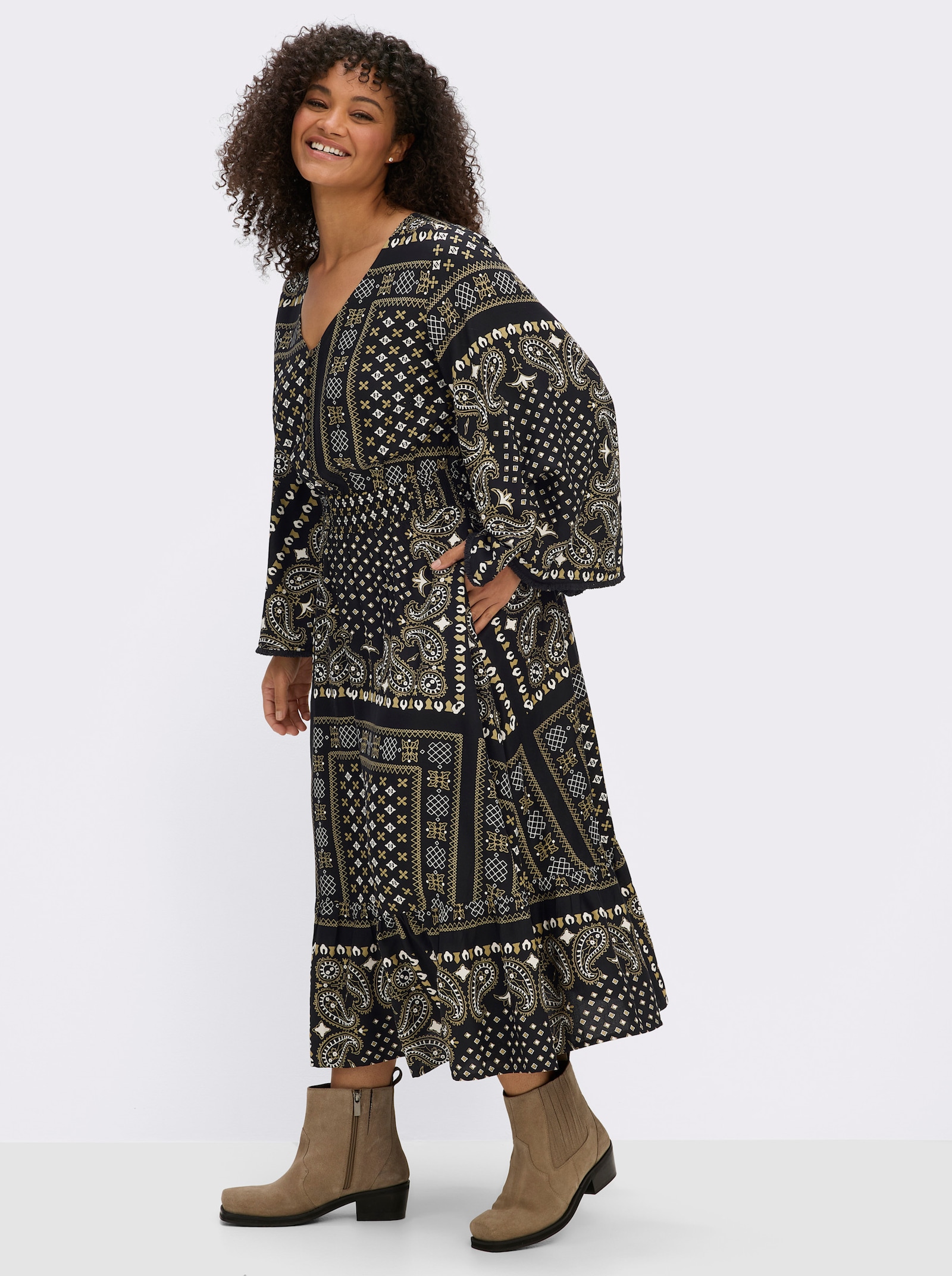 sheego by Joe Browns Maxikleid mit Paisley- und Ornamentmuster - schwarz-ocker-gemustert