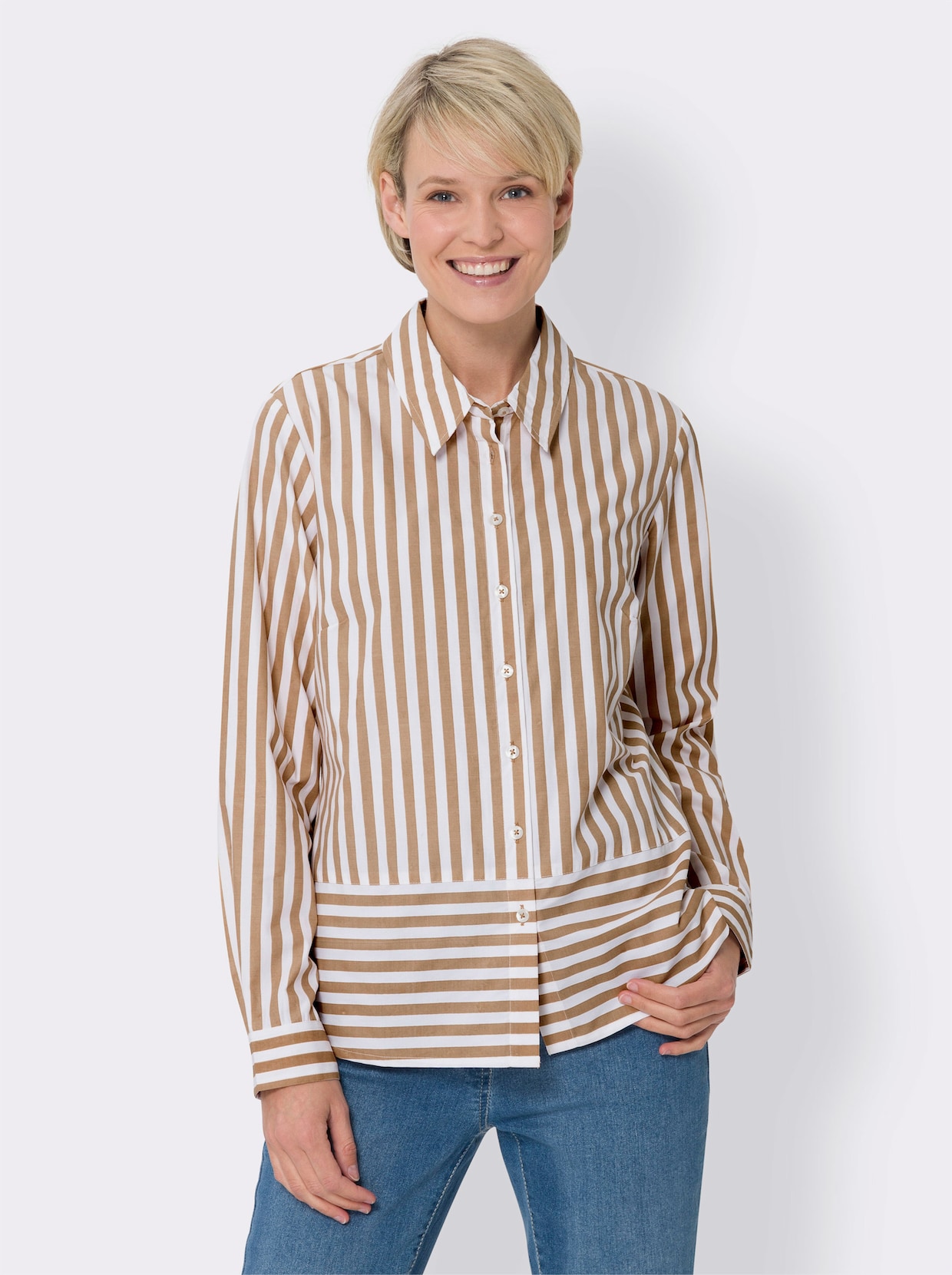 Gestreepte blouse - camel/wit gestreept