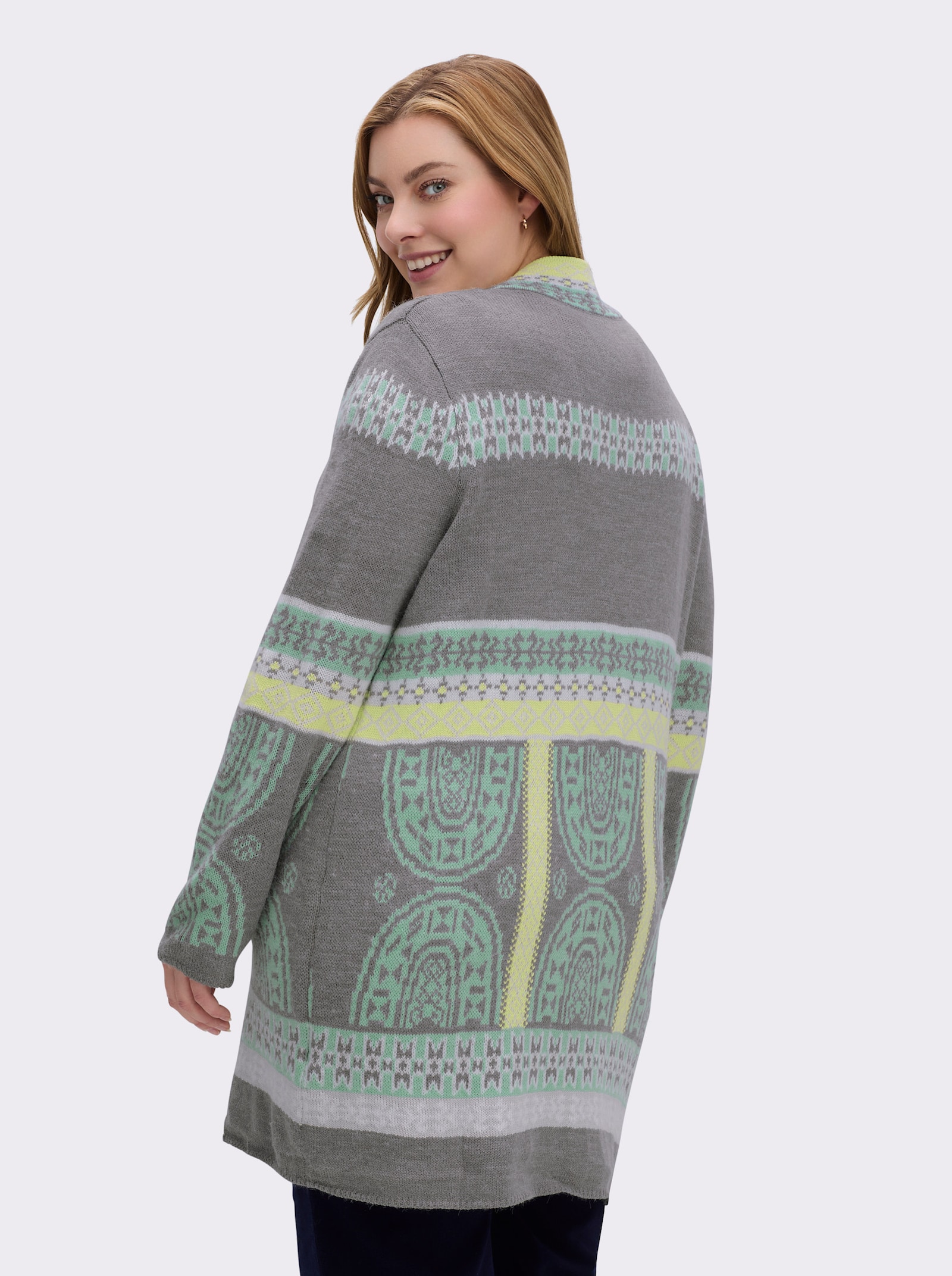 Longstrickjacke im Jacquard-Muster-Mix - kalkmint-grau-gemustert