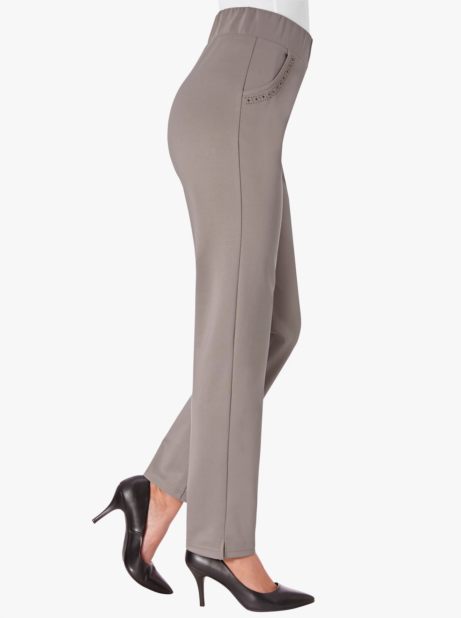 Jerseybroek met siersteentjes op de zakken - taupe