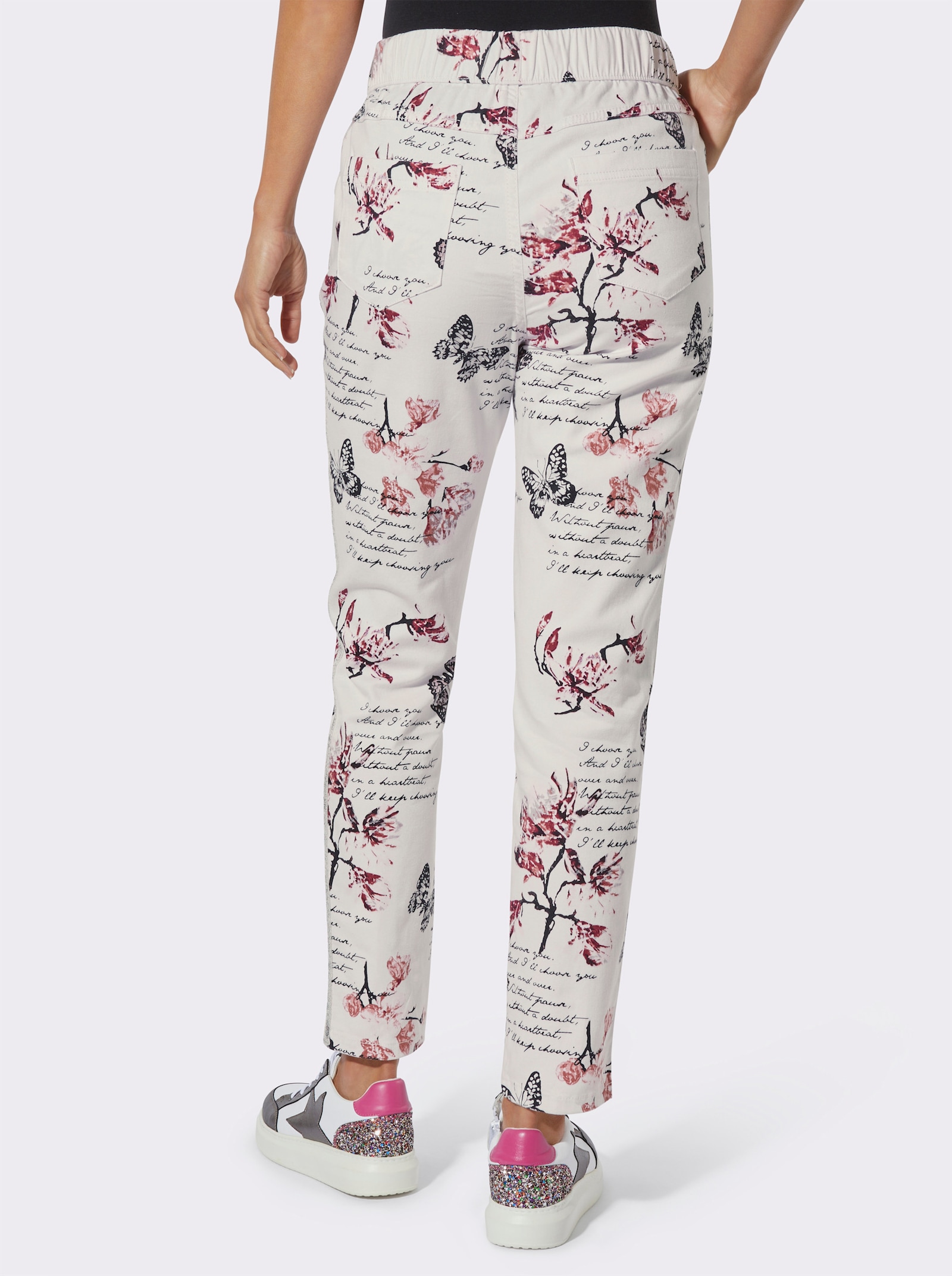 7/8-Hose mit floralem und Lettering-Druck - ecru-schwarz-bedruckt